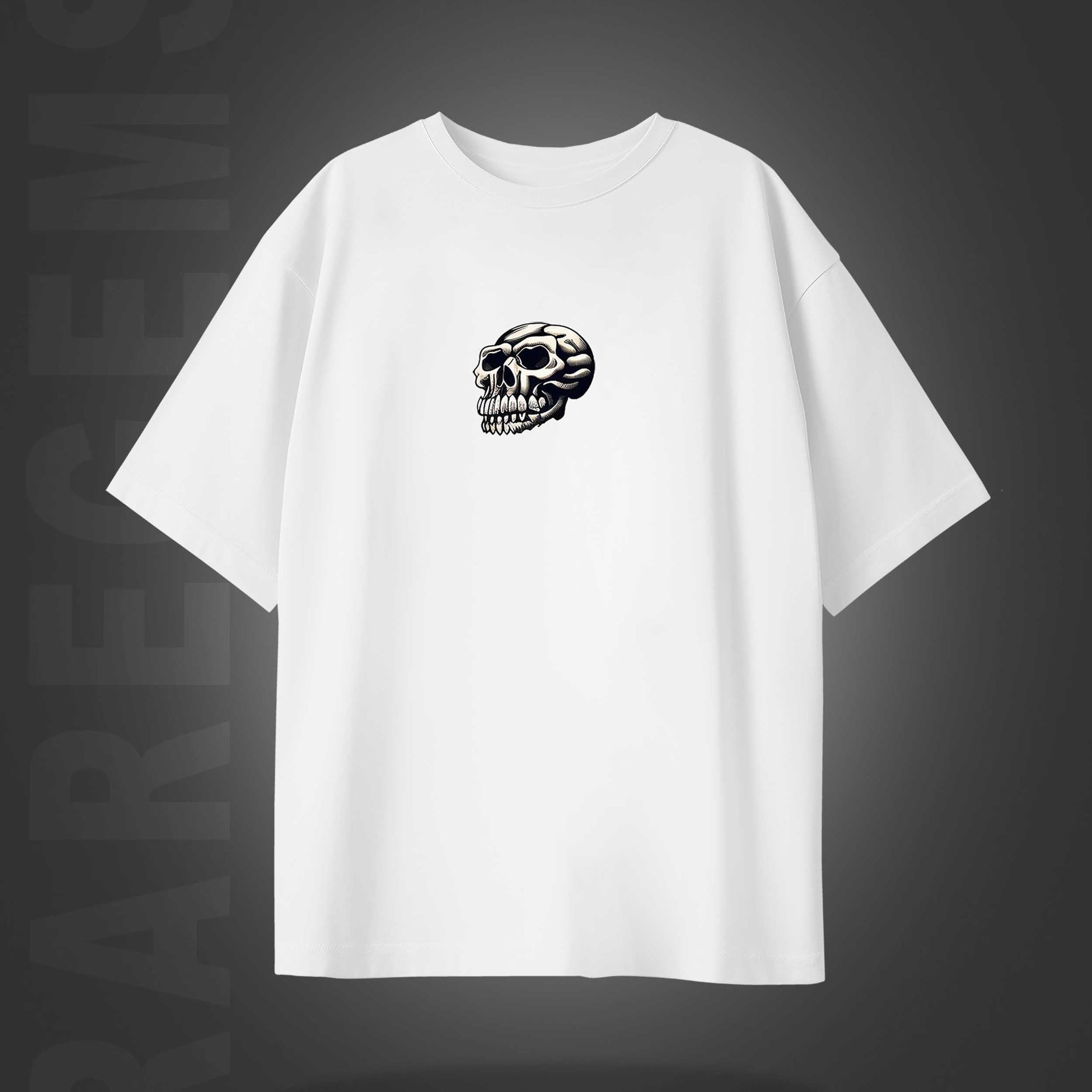 White Half Sleeve Skull And Roses Around The Sword Printed Oversized T-Shirt