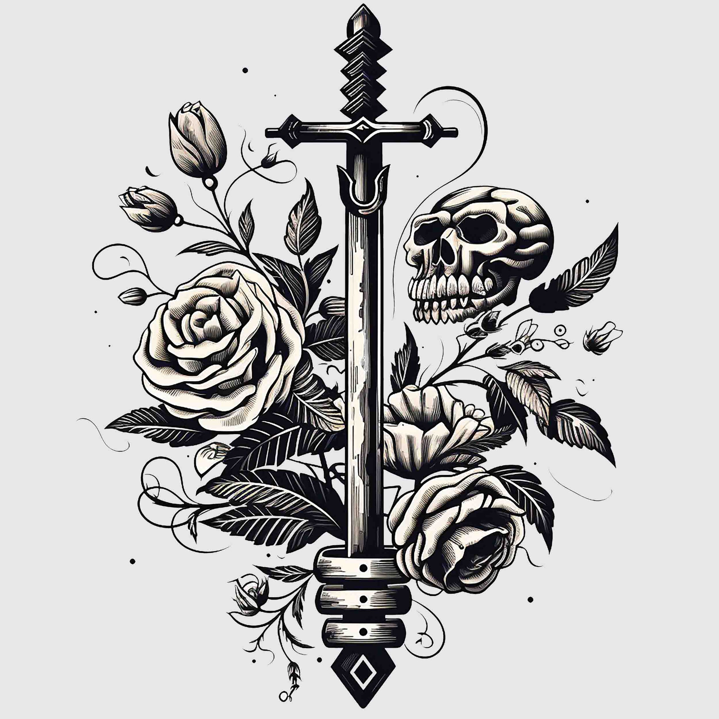 White Half Sleeve Skull And Roses Around The Sword Printed Regular T-Shirt
