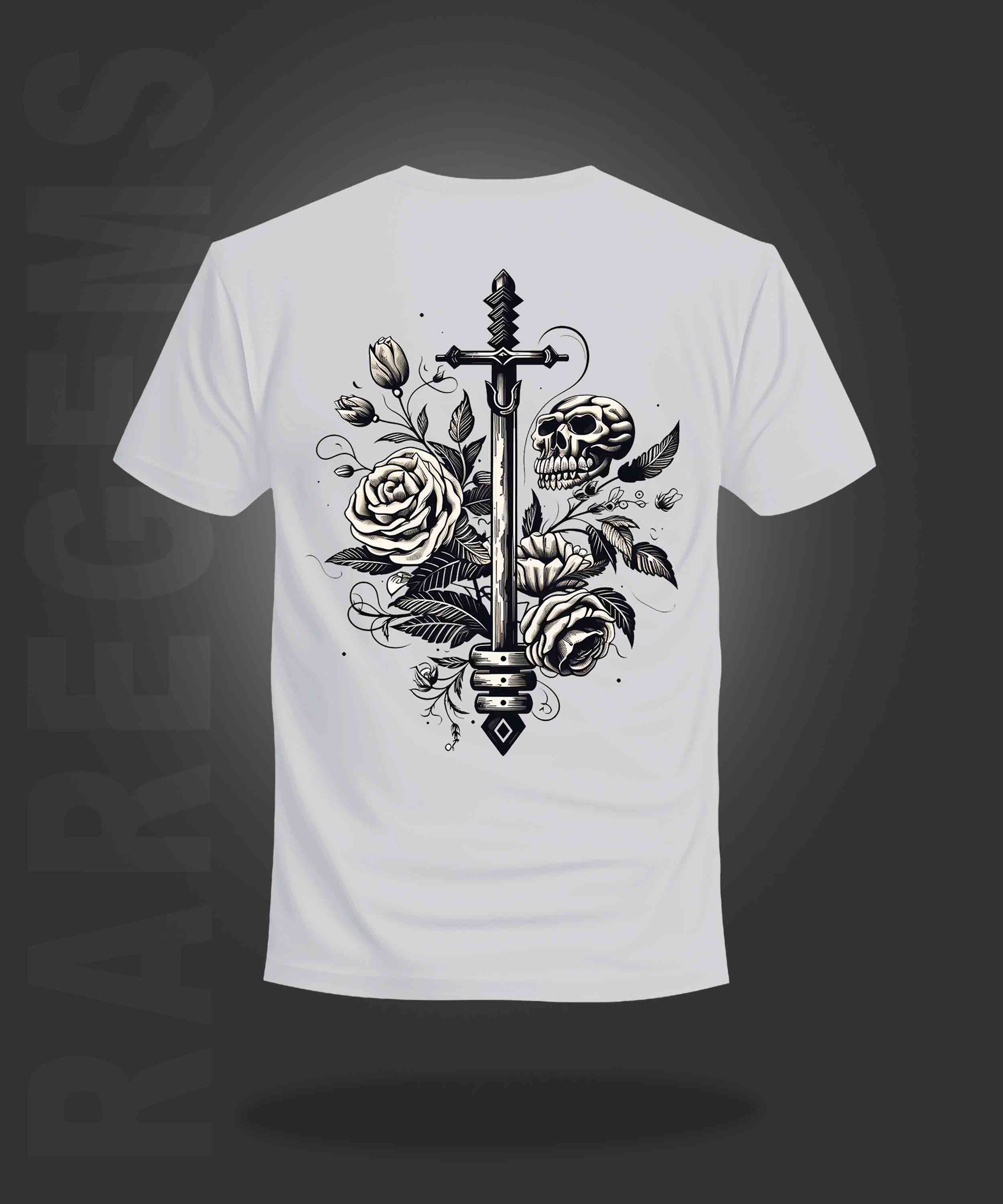 White Half Sleeve Skull And Roses Around The Sword Printed Regular T-Shirt