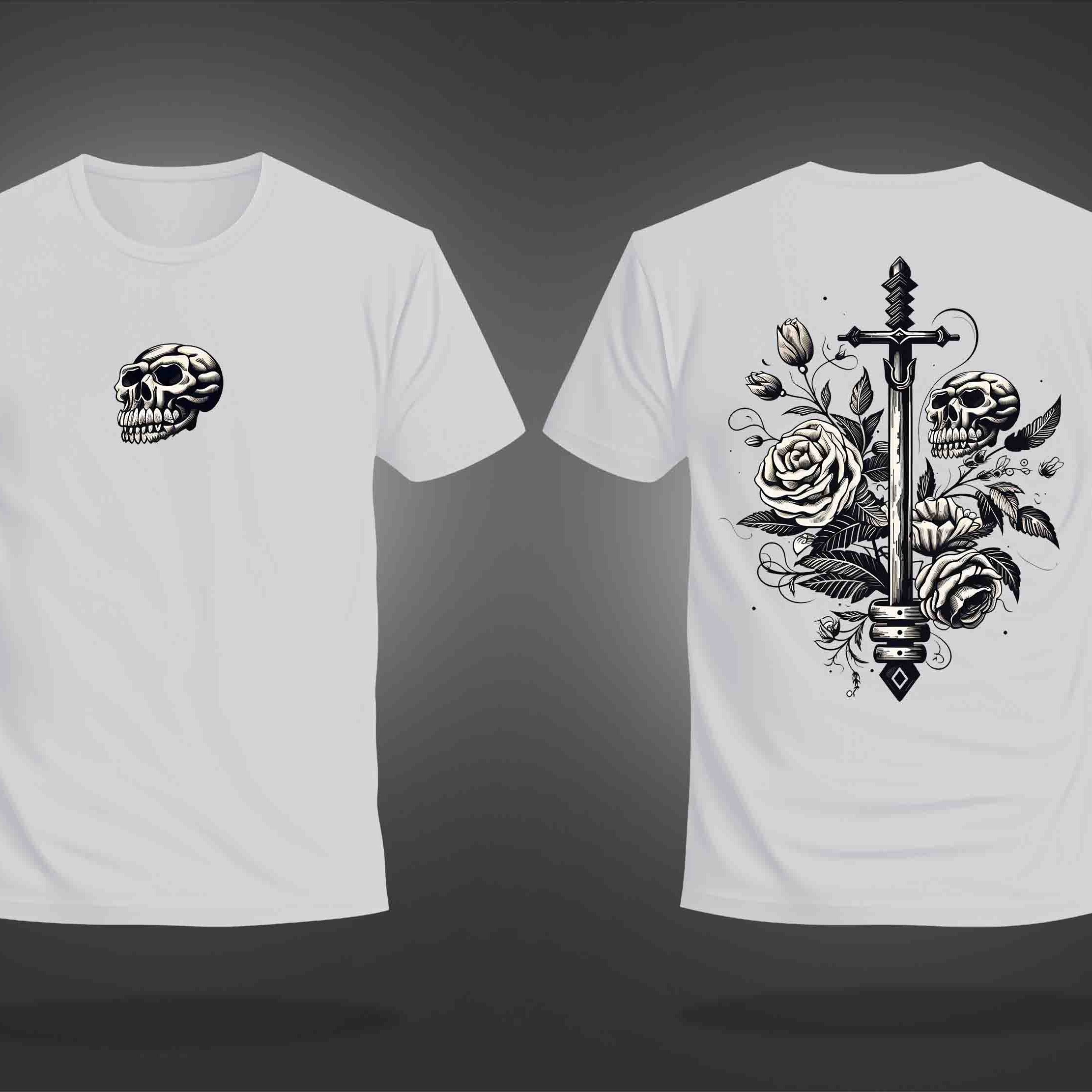 White Half Sleeve Skull And Roses Around The Sword Printed Regular T-Shirt