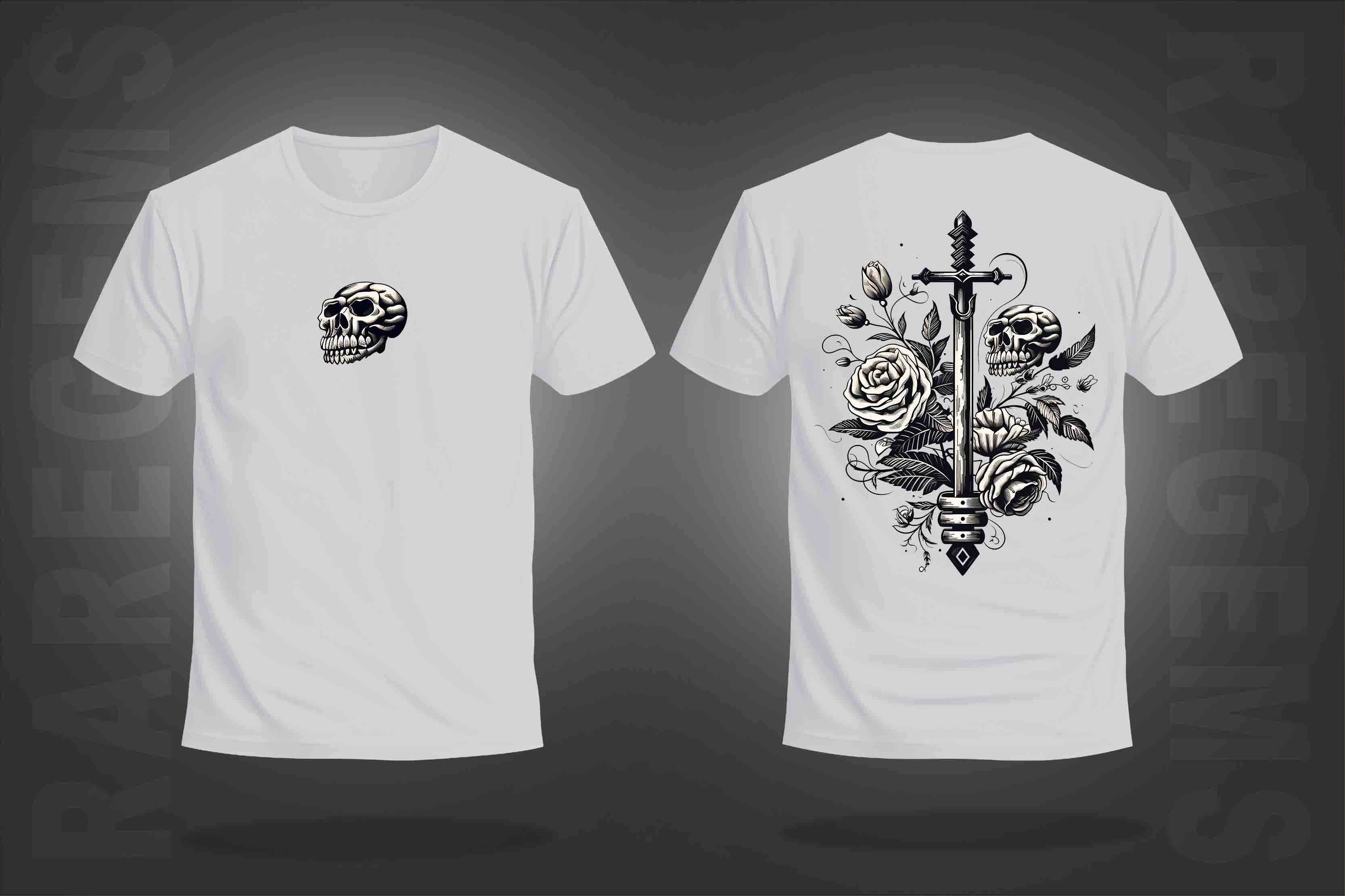 White Half Sleeve Skull And Roses Around The Sword Printed Regular T-Shirt