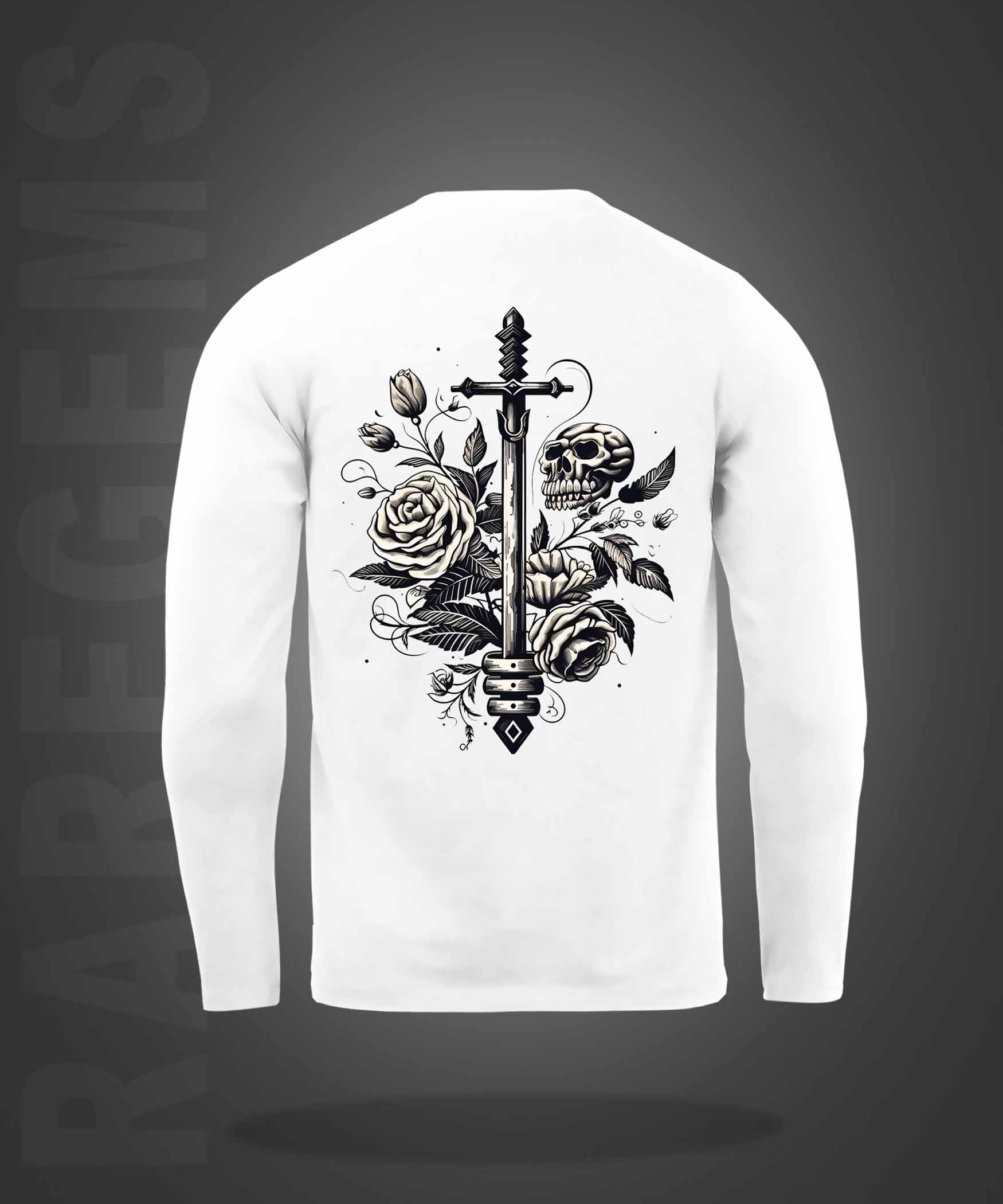 White Round Neck Skull And Roses Around The Sword Printed Full Sleeves T-Shirt