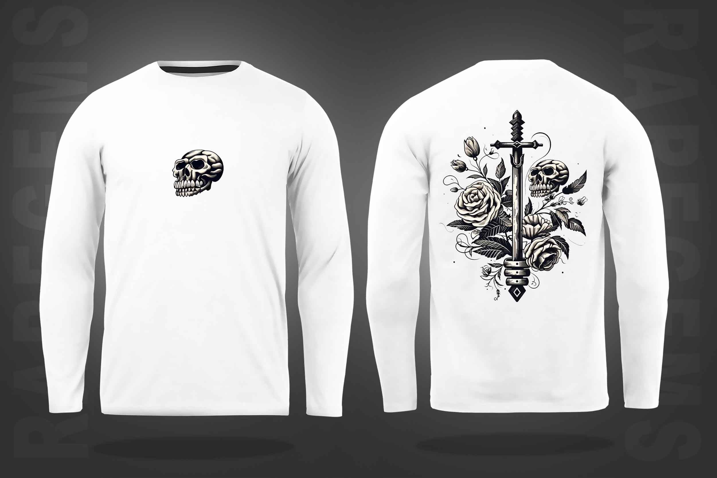 White Round Neck Skull And Roses Around The Sword Printed Full Sleeves T-Shirt