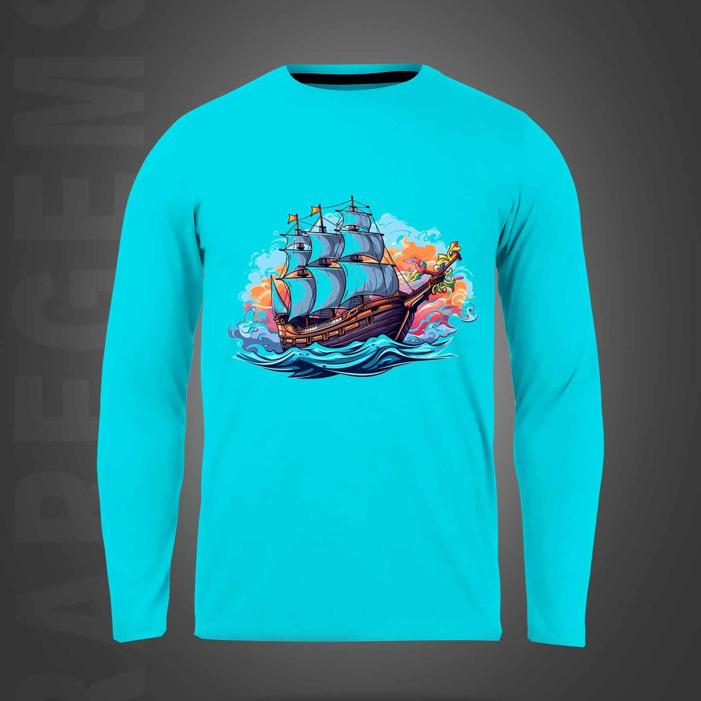 Cyan Round Neck Sailing Ship Printed Full Sleeves T-Shirt