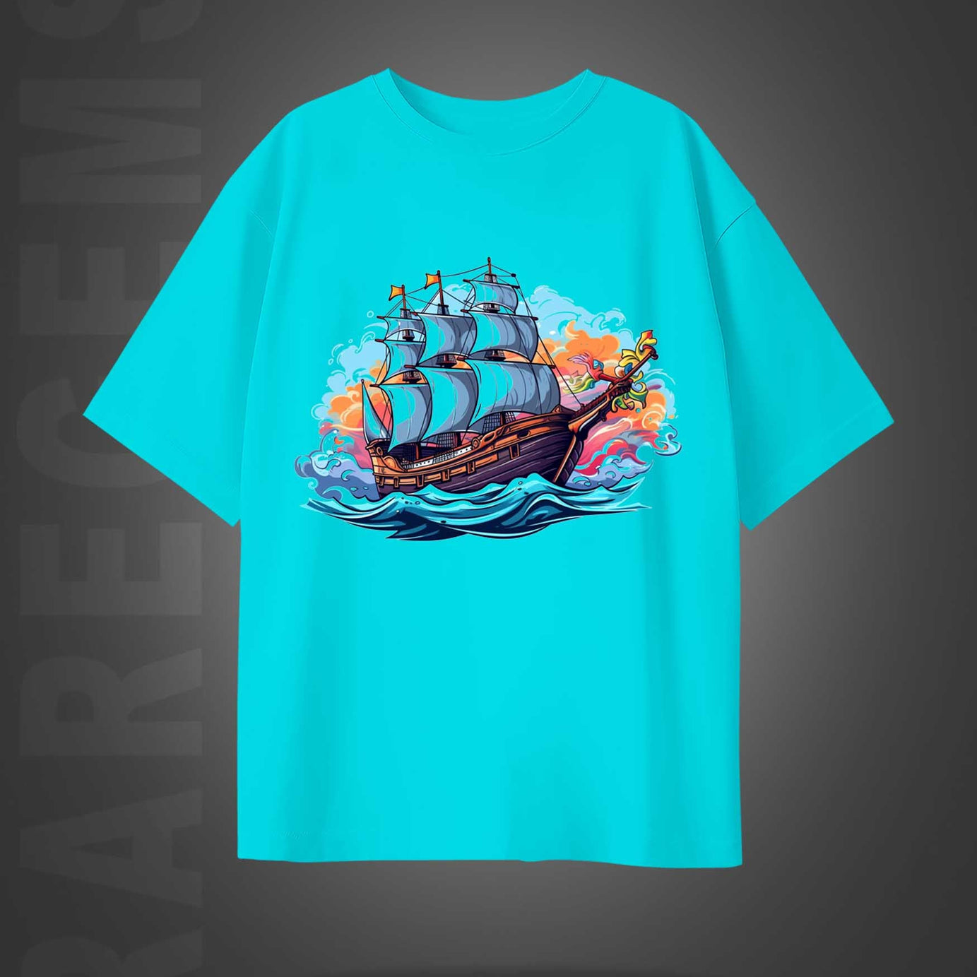 Cyan Half Sleeves Round Neck Sailing Ship Printed Oversized T-Shirt