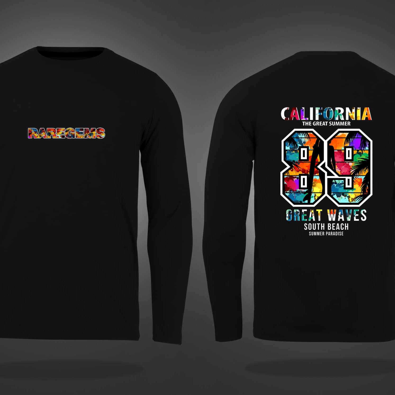 Black Round Neck Multicolor California 89 Printed Full Sleeves T-Shirt