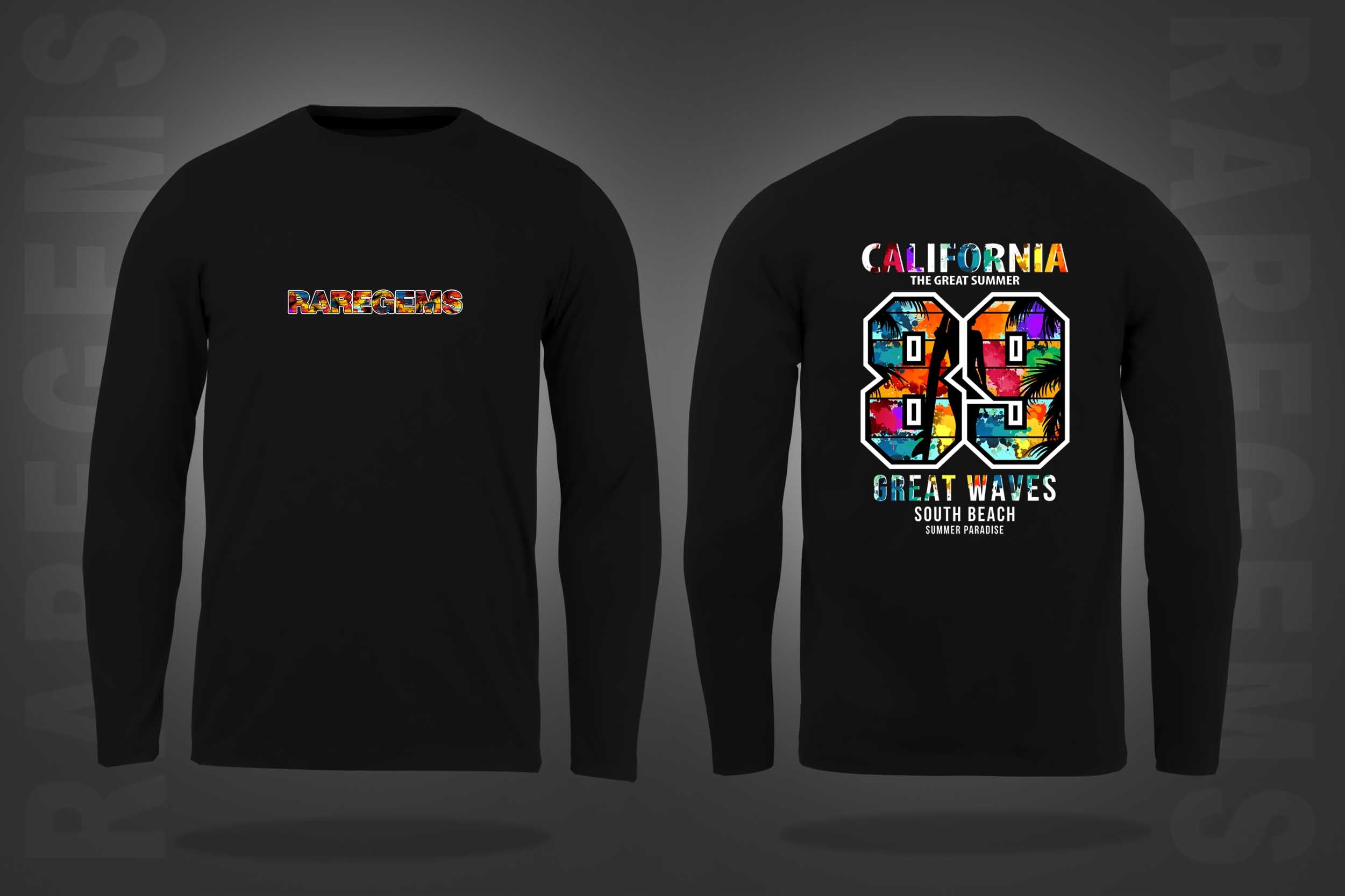 Black Round Neck Multicolor California 89 Printed Full Sleeves T-Shirt