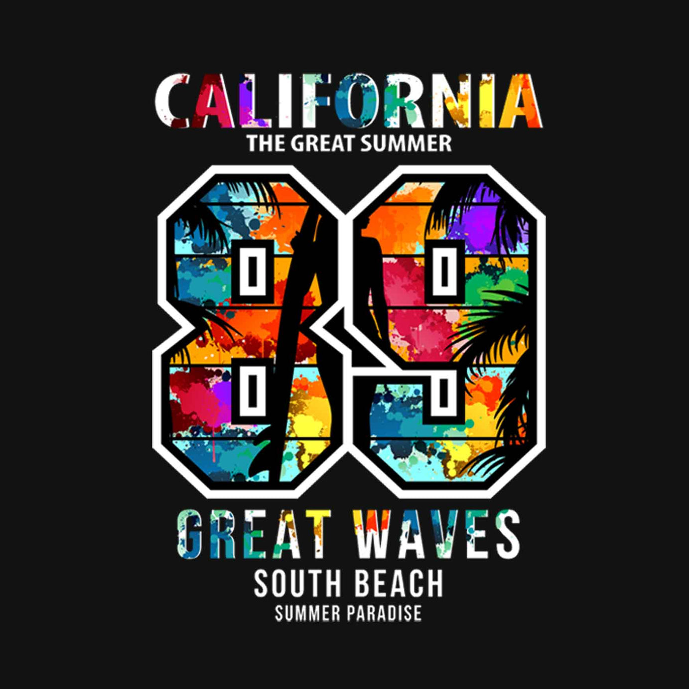 Black Round Neck Multicolor California 89 Printed Full Sleeves T-Shirt