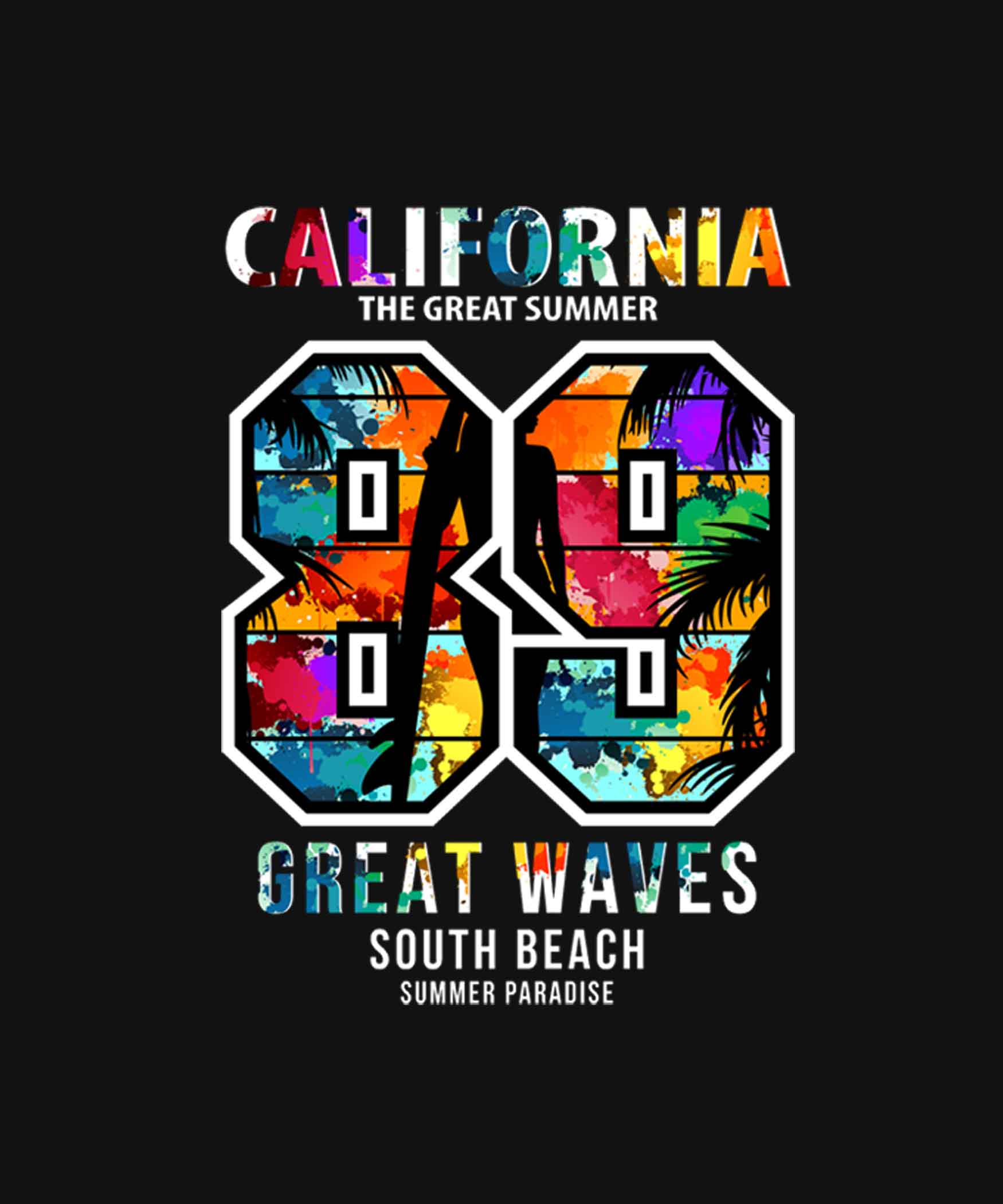 Black Round Neck Multicolor California 89 Printed Full Sleeves T-Shirt