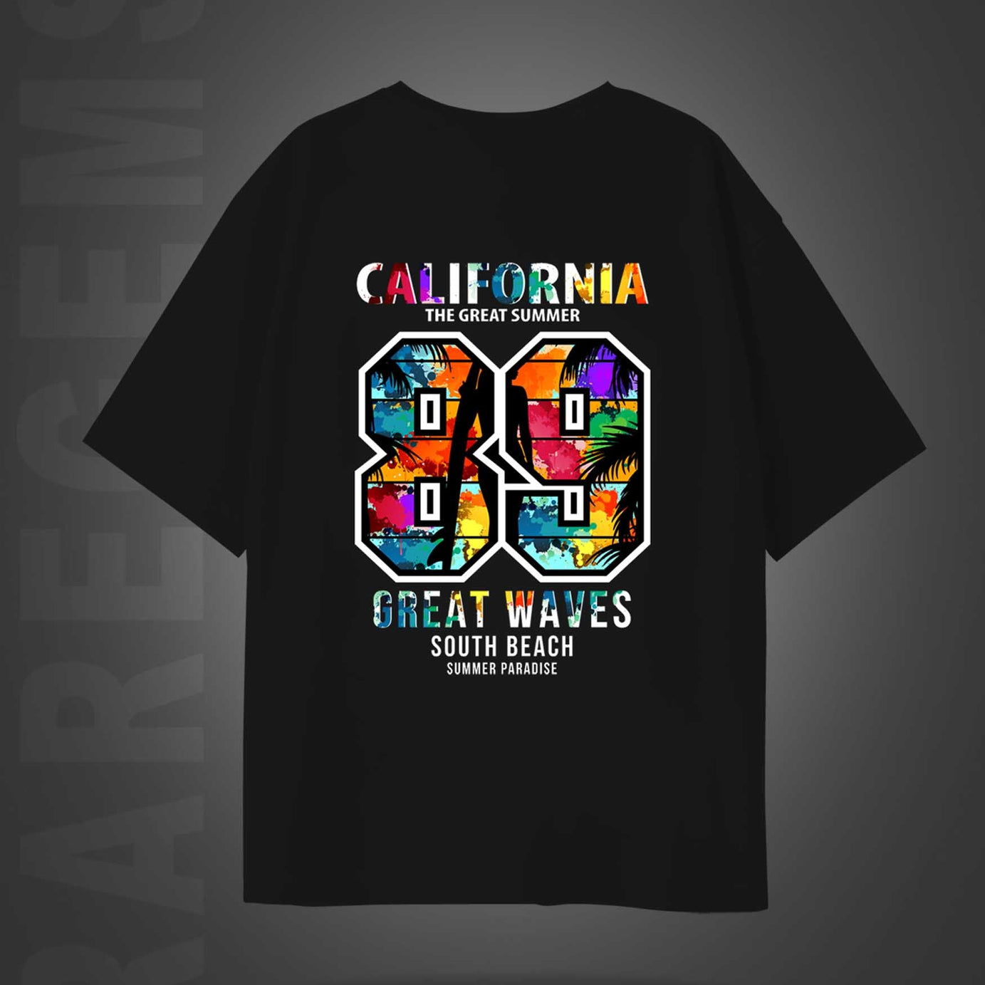 Black Half Sleeves Round Neck Multicolor California 89 Printed Oversized T-Shirt