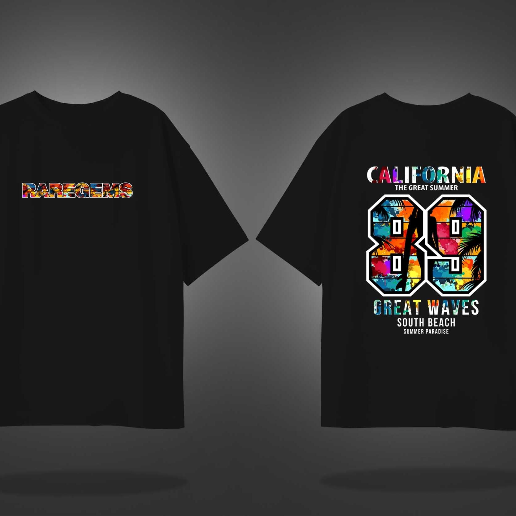 Black Half Sleeves Round Neck Multicolor California 89 Printed Oversized T-Shirt