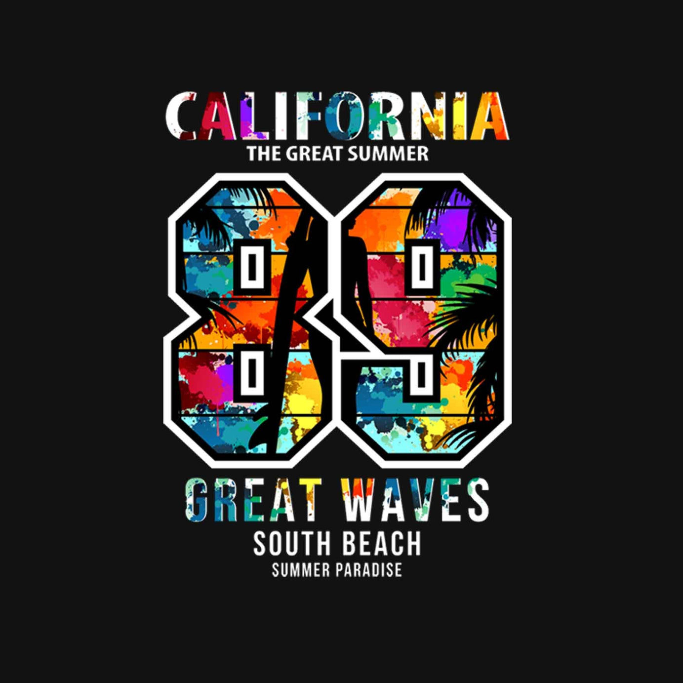 Black Half Sleeves Round Neck Multicolor California 89 Printed Regular T-Shirt