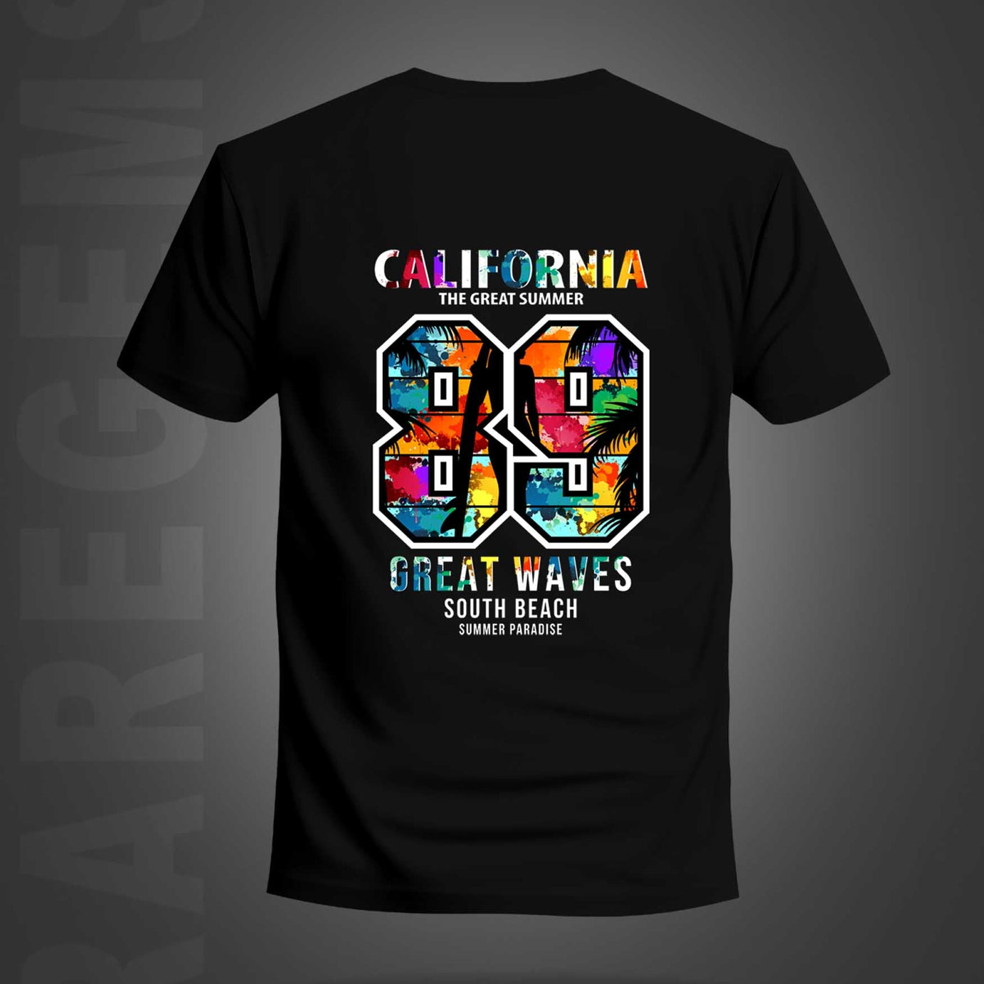 Black Half Sleeves Round Neck Multicolor California 89 Printed Regular T-Shirt