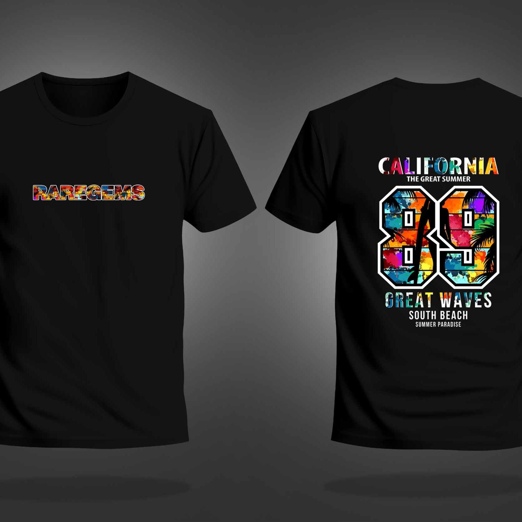 Black Half Sleeves Round Neck Multicolor California 89 Printed Regular T-Shirt