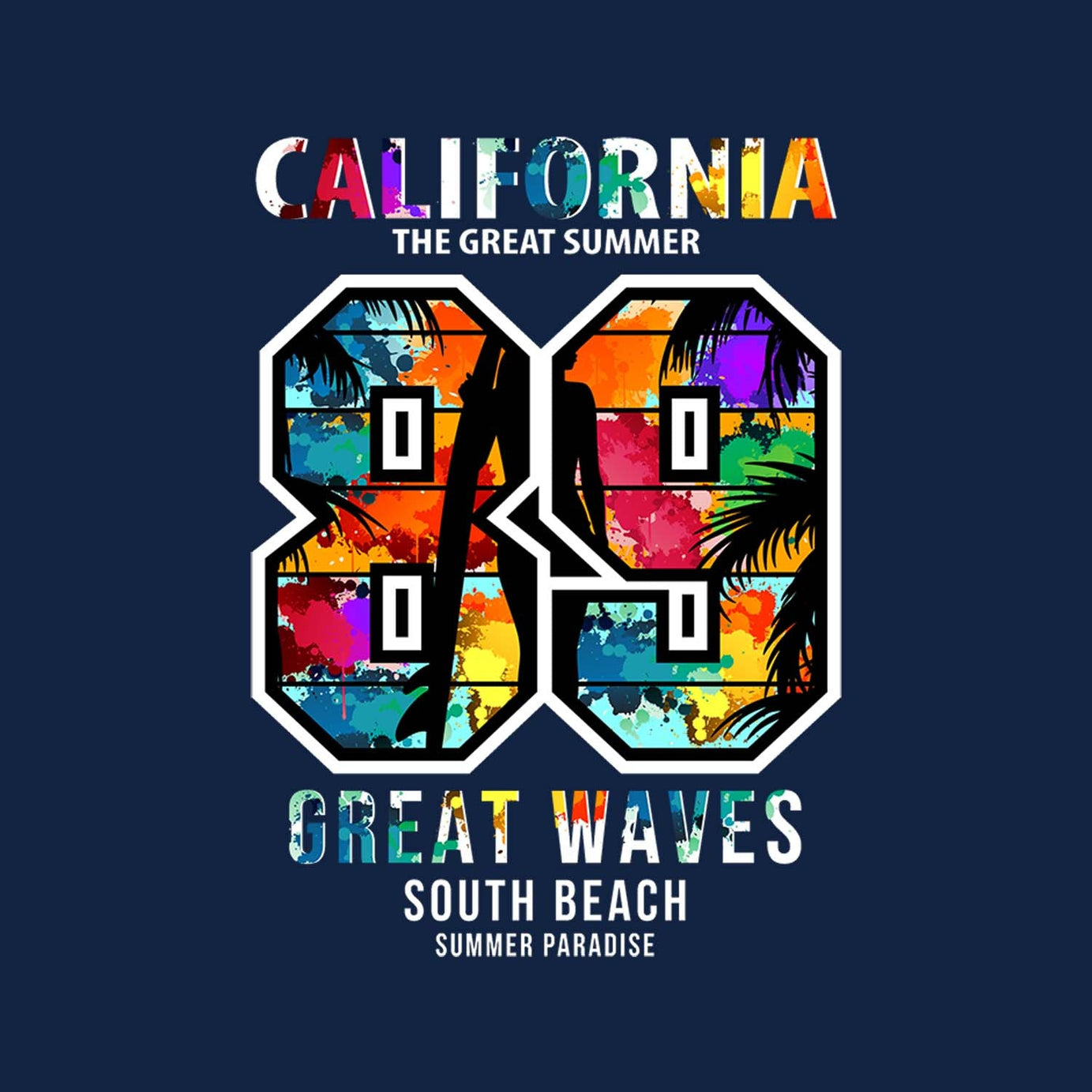 Navy Blue Half Sleeve Round Neck Multicolor California 89 Printed Regular T-Shirt