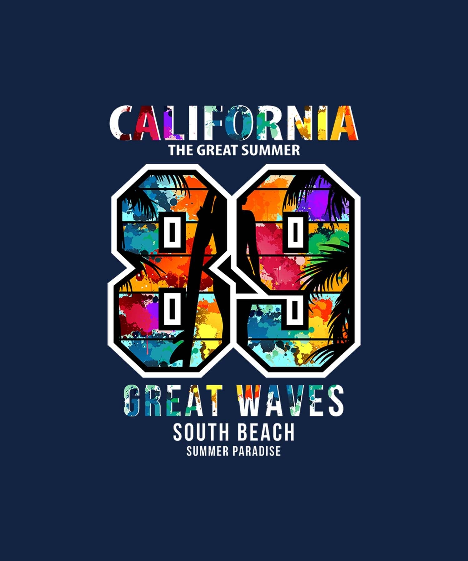 Navy Blue Half Sleeve Round Neck Multicolor California 89 Printed Regular T-Shirt