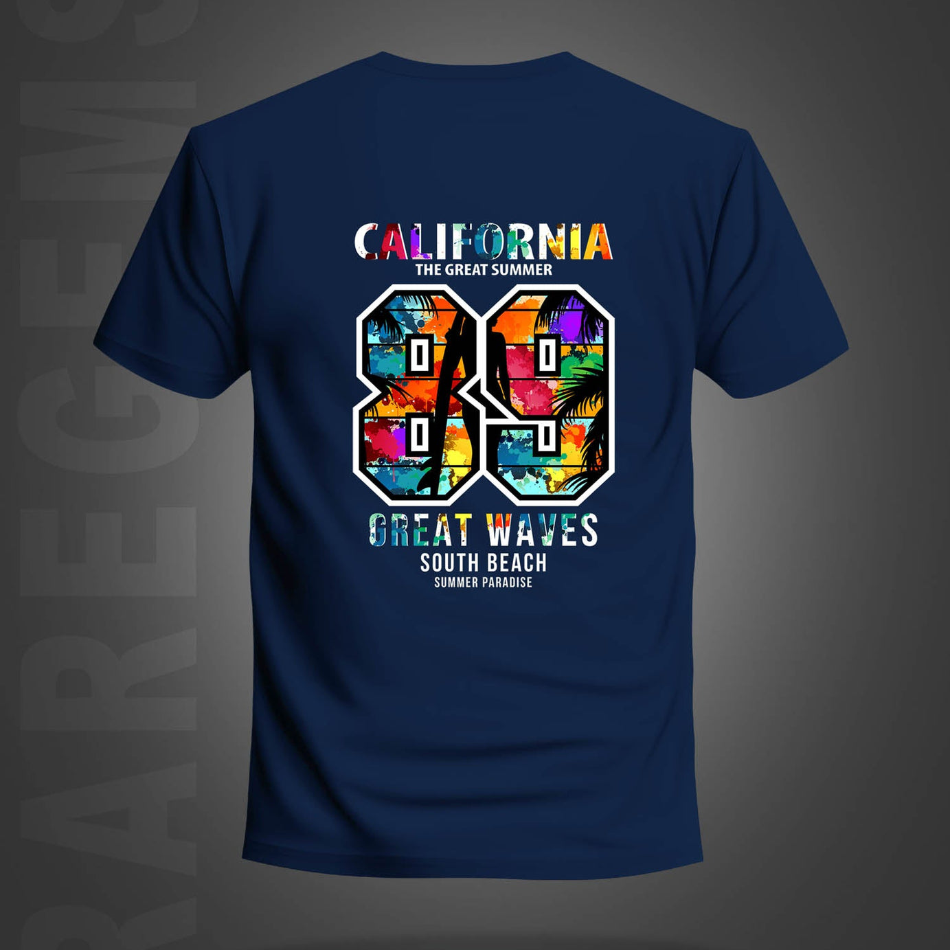 Navy Blue Half Sleeve Round Neck Multicolor California 89 Printed Regular T-Shirt