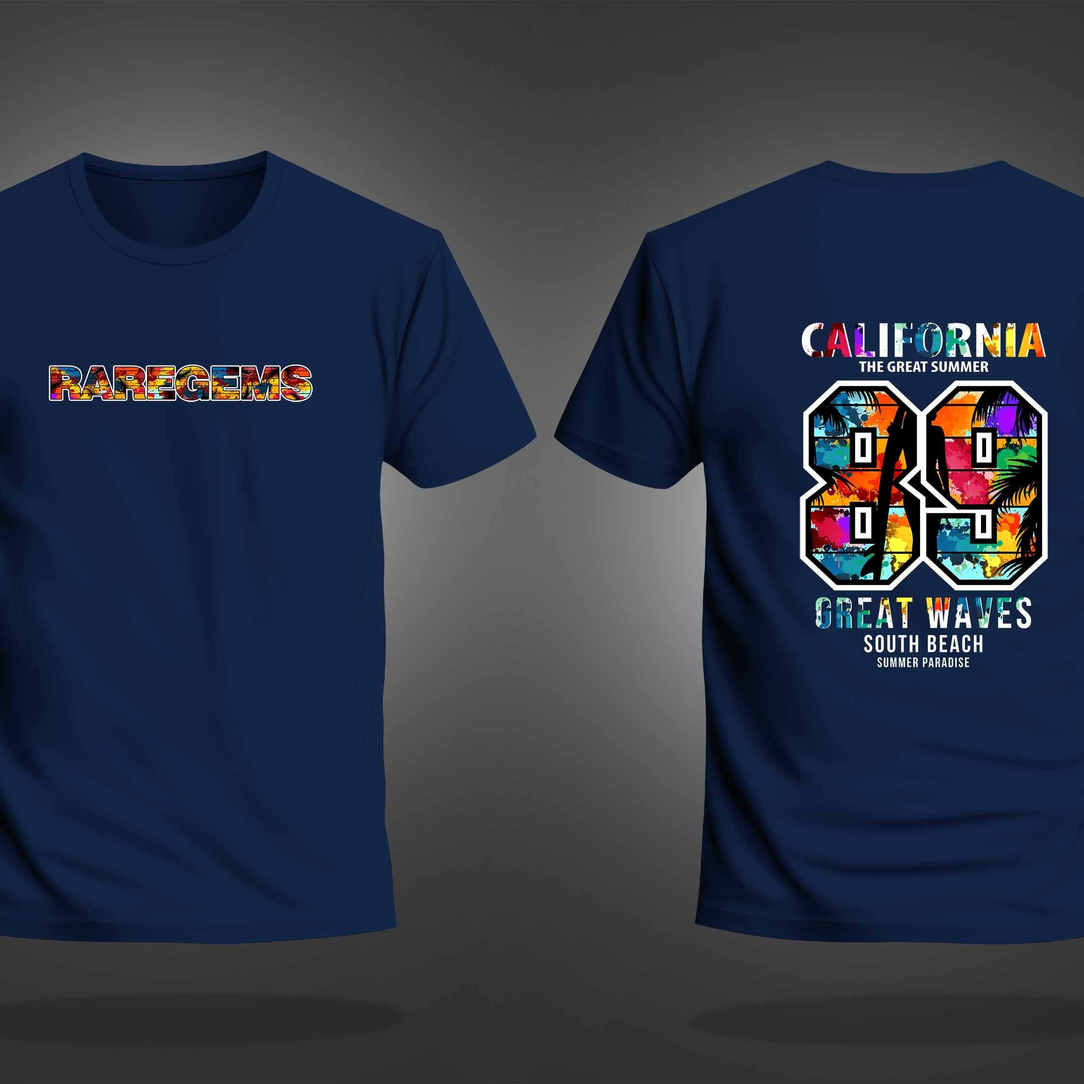 Navy Blue Half Sleeve Round Neck Multicolor California 89 Printed Regular T-Shirt