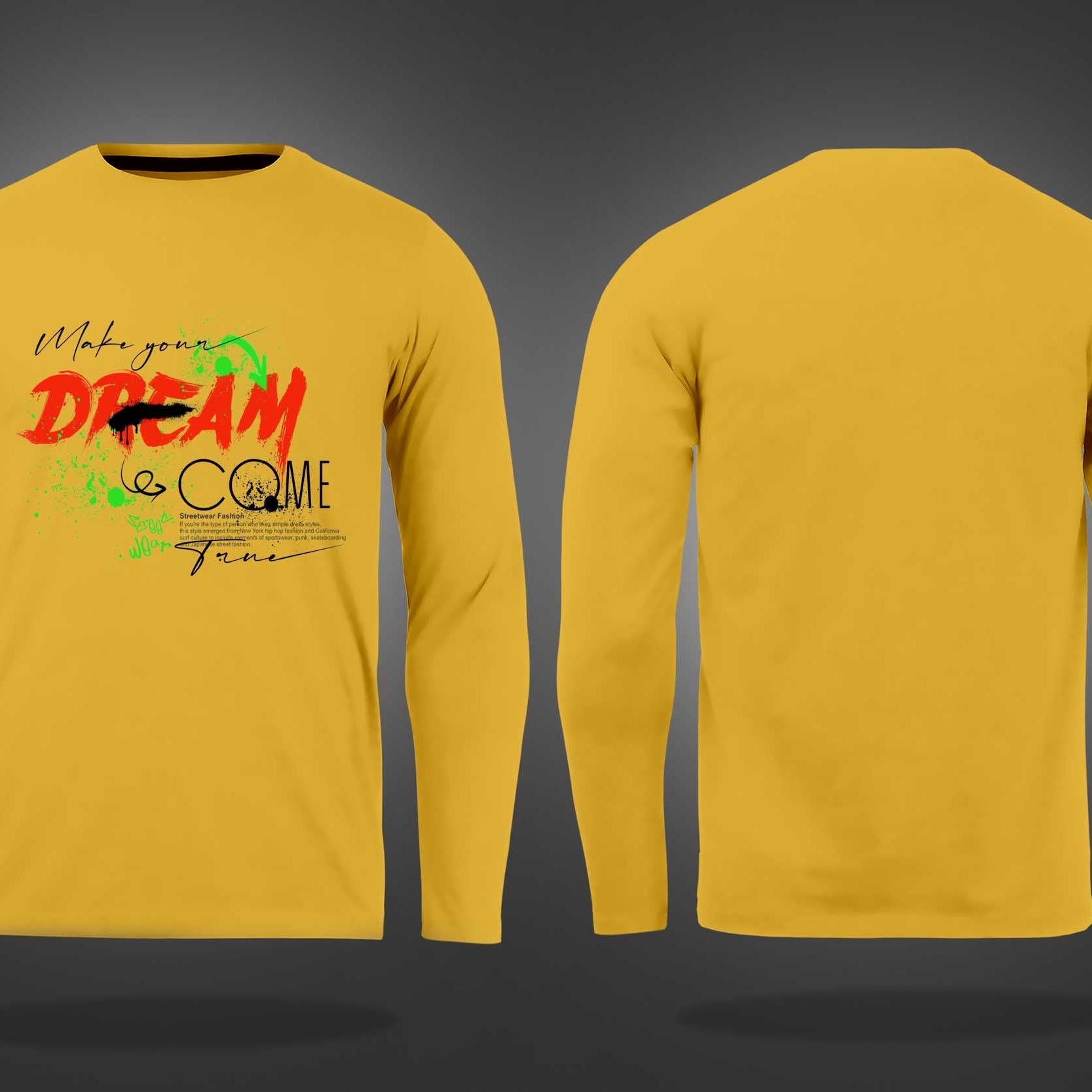 Yellow Round Neck Dream Come True Graffiti Printed Full Sleeves T-Shirt
