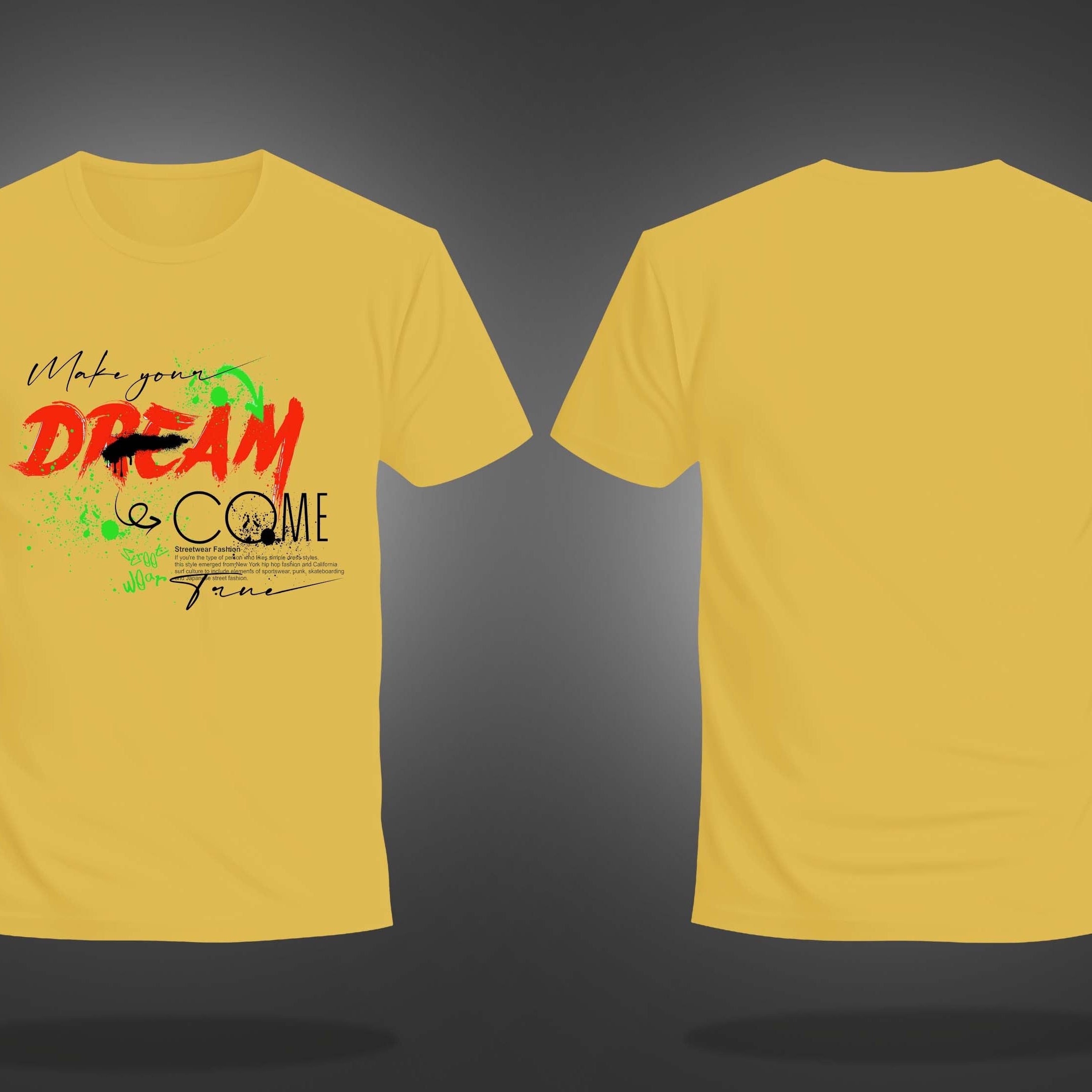 Yellow Round Neck Half Sleeve Dream Come True Graffiti Printed Regular T-Shirt