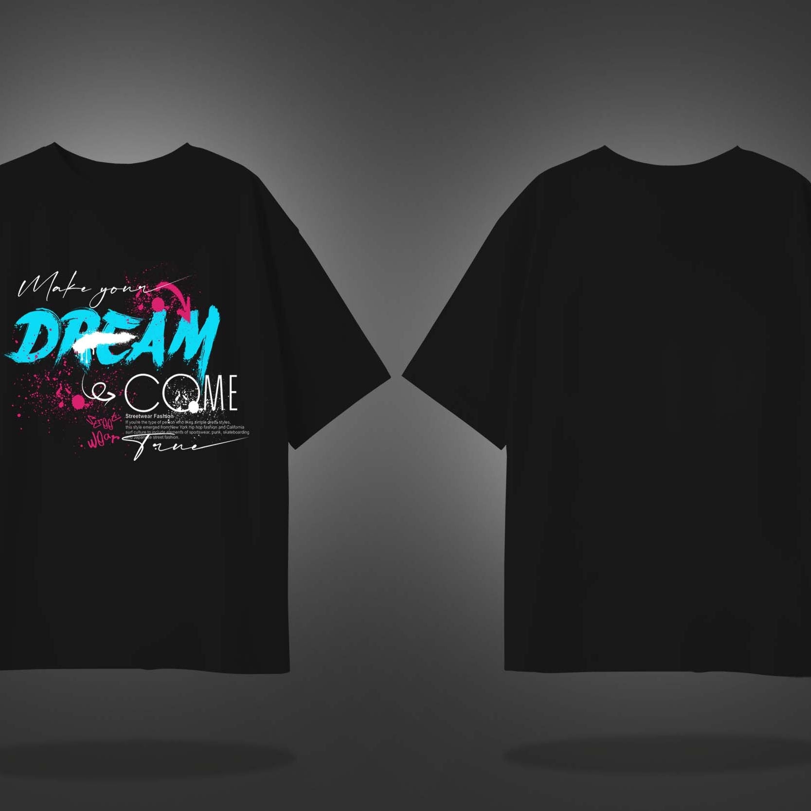 Black Half Sleeves Round Neck Dream Come True Graffiti Printed Oversized T-Shirt
