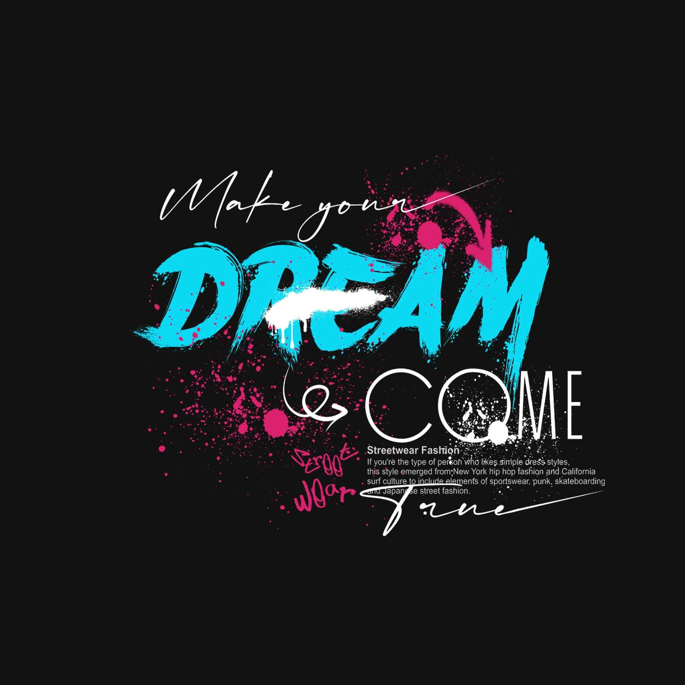 Black Round Neck Dream Come True Graffiti Printed Full Sleeves T-Shirt