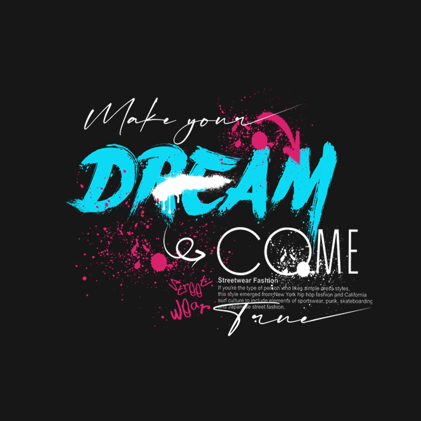 Black Round Neck Half Sleeve Dream Come True Graffiti Printed Regular T-Shirt