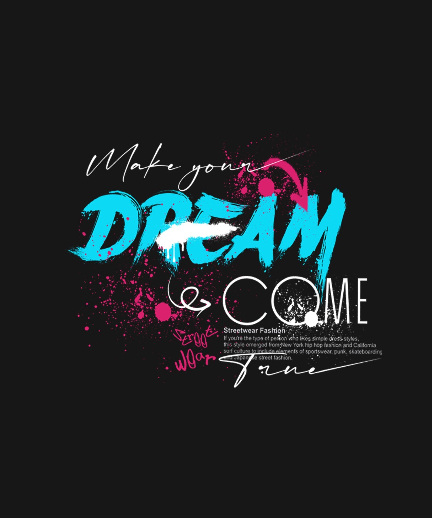 Black Round Neck Half Sleeve Dream Come True Graffiti Printed Regular T-Shirt