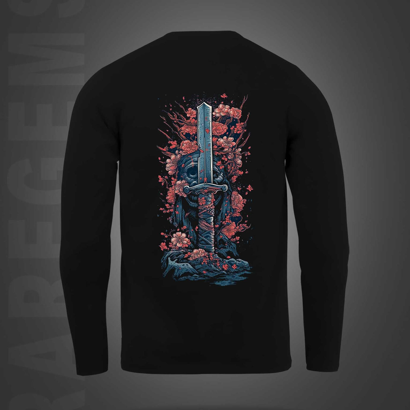 Black Round Neck Sword With Pink Flowers Printed Full Sleeves T-Shirt