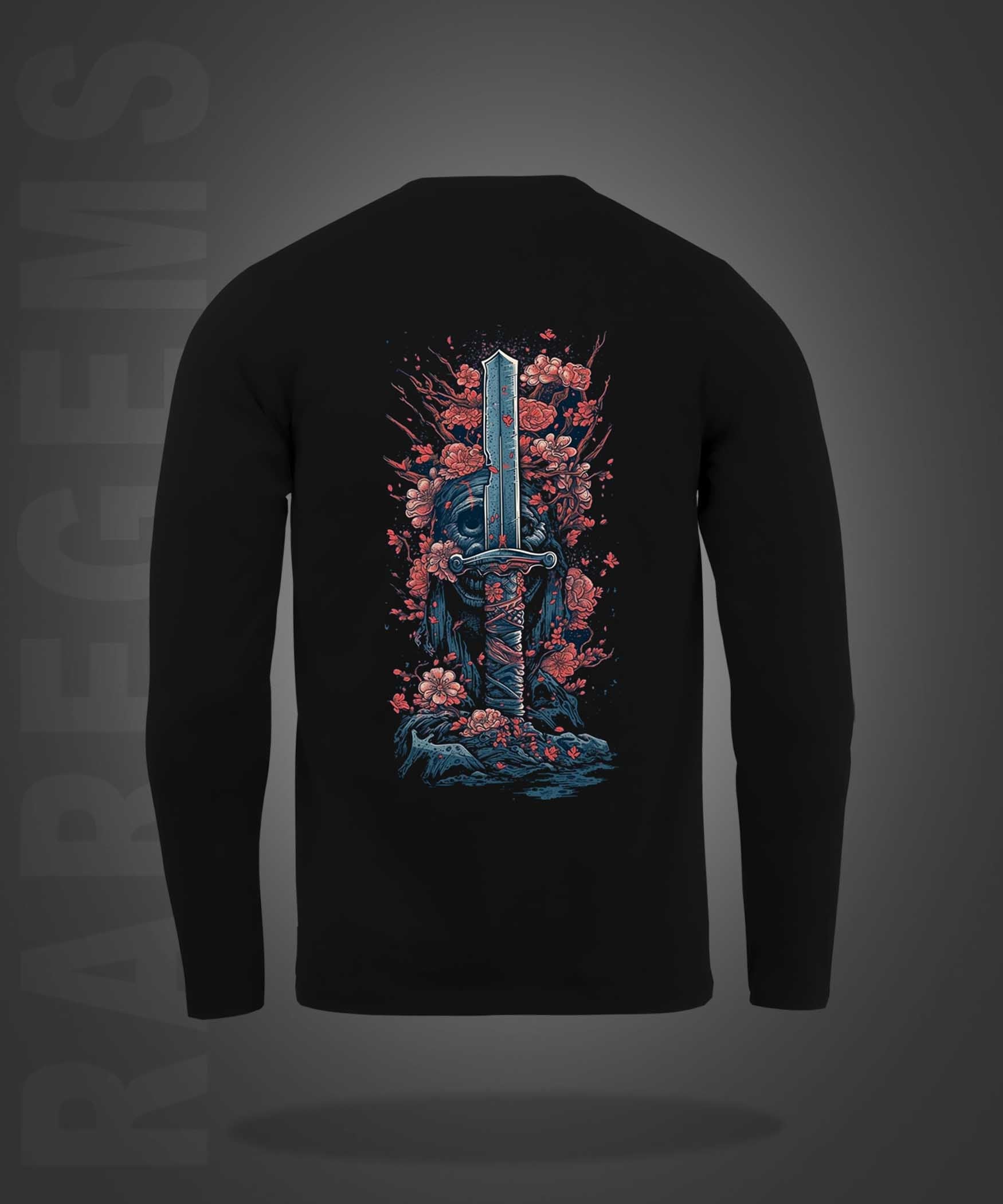 Black Round Neck Sword With Pink Flowers Printed Full Sleeves T-Shirt