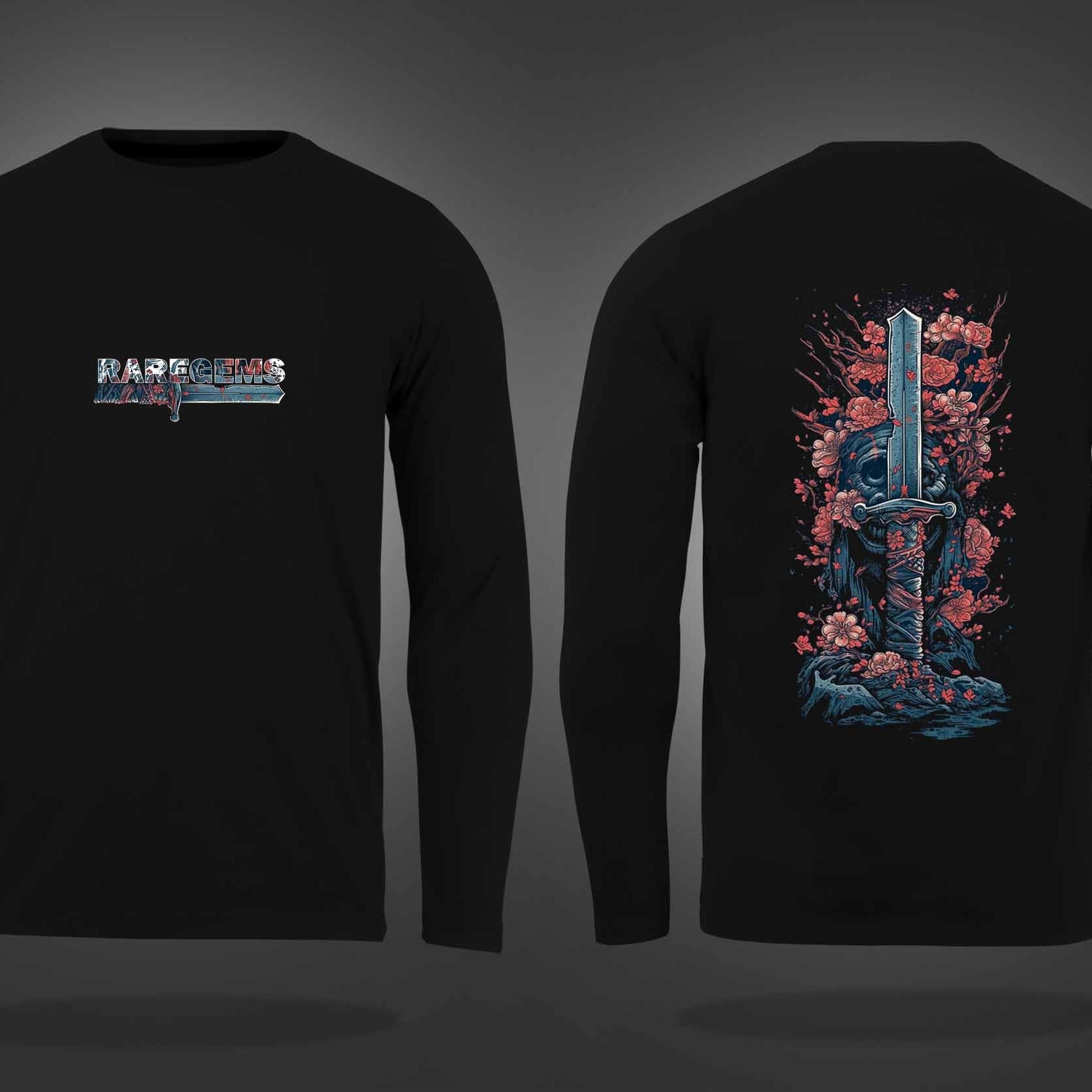 Black Round Neck Sword With Pink Flowers Printed Full Sleeves T-Shirt