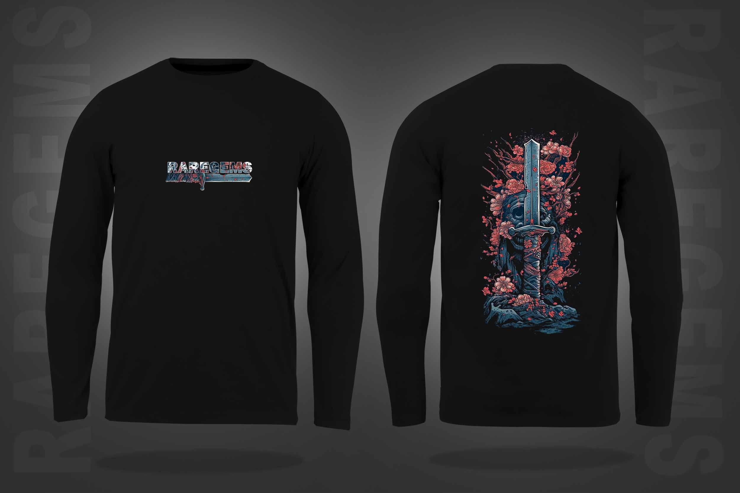 Black Round Neck Sword With Pink Flowers Printed Full Sleeves T-Shirt