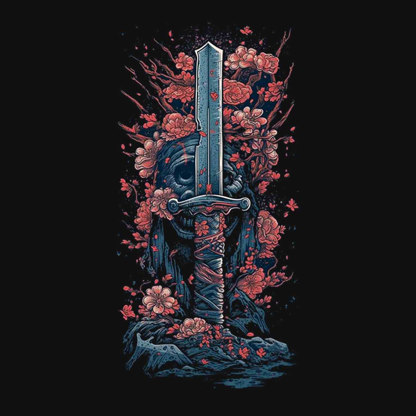 Black Half Sleeves Round Neck Sword With Pink Flowers Printed Oversized T-Shirt