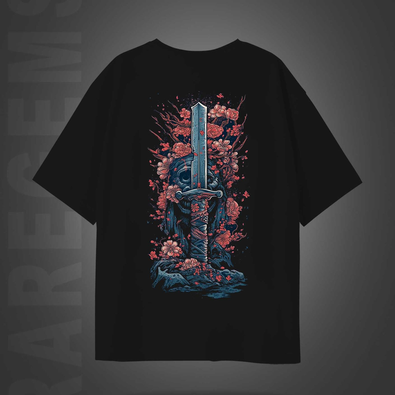 Black Half Sleeves Round Neck Sword With Pink Flowers Printed Oversized T-Shirt