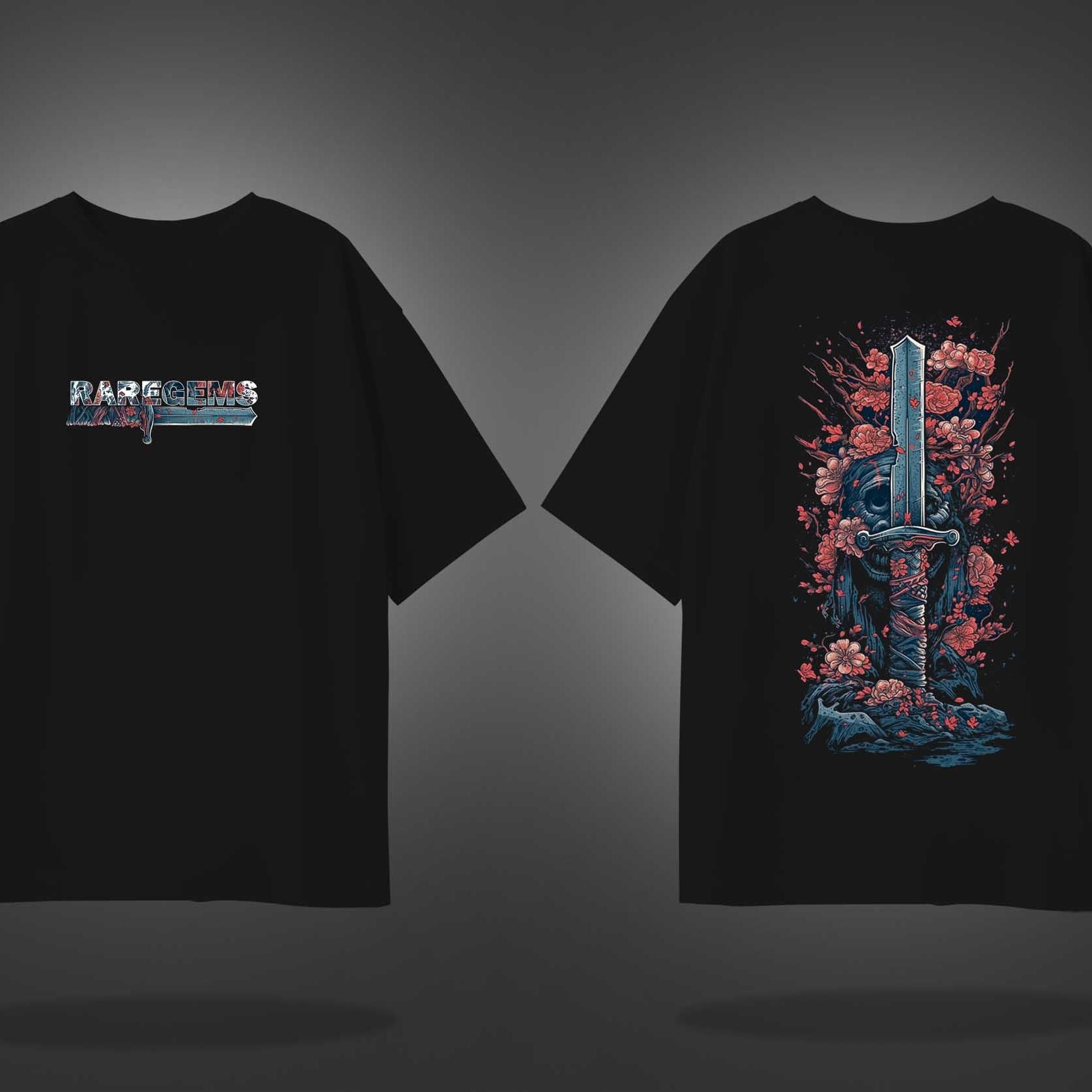 Black Half Sleeves Round Neck Sword With Pink Flowers Printed Oversized T-Shirt