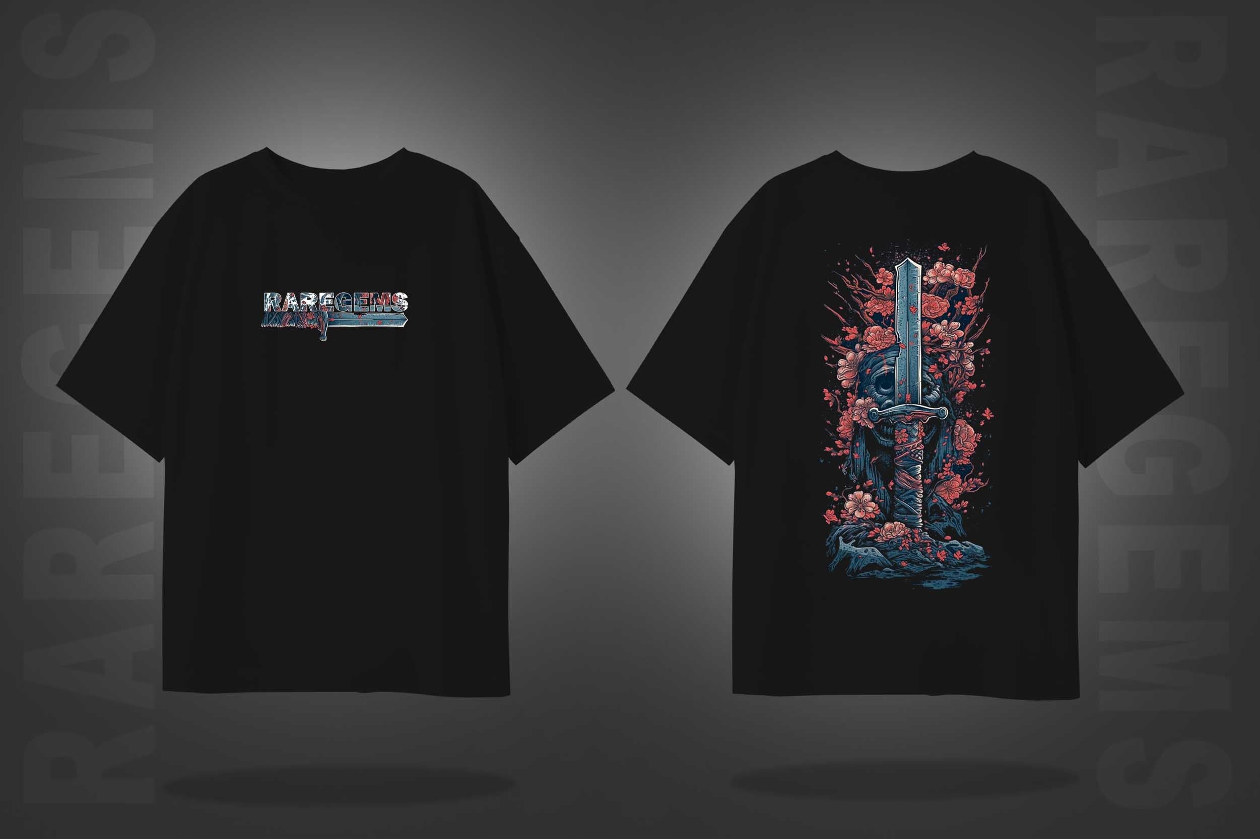 Black Half Sleeves Round Neck Sword With Pink Flowers Printed Oversized T-Shirt