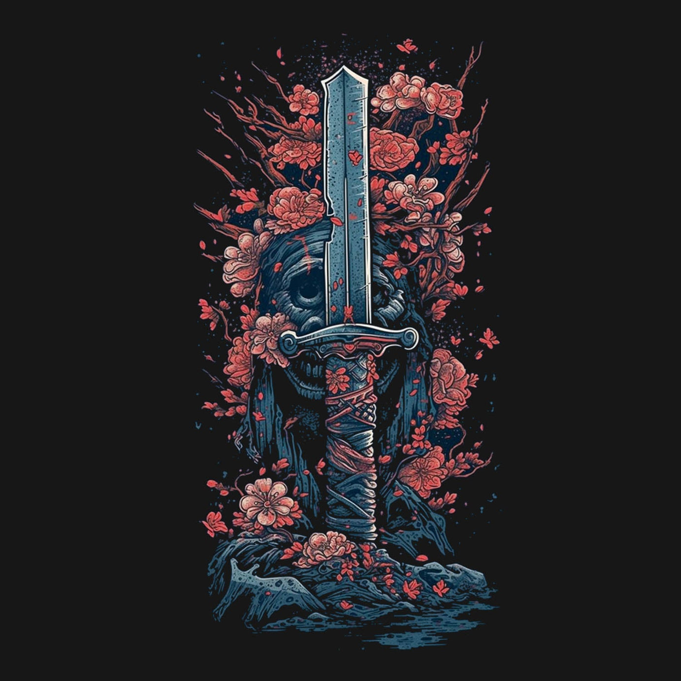 Black Half Sleeve Round Neck Sword With Pink Flowers Printed Regular T-Shirt