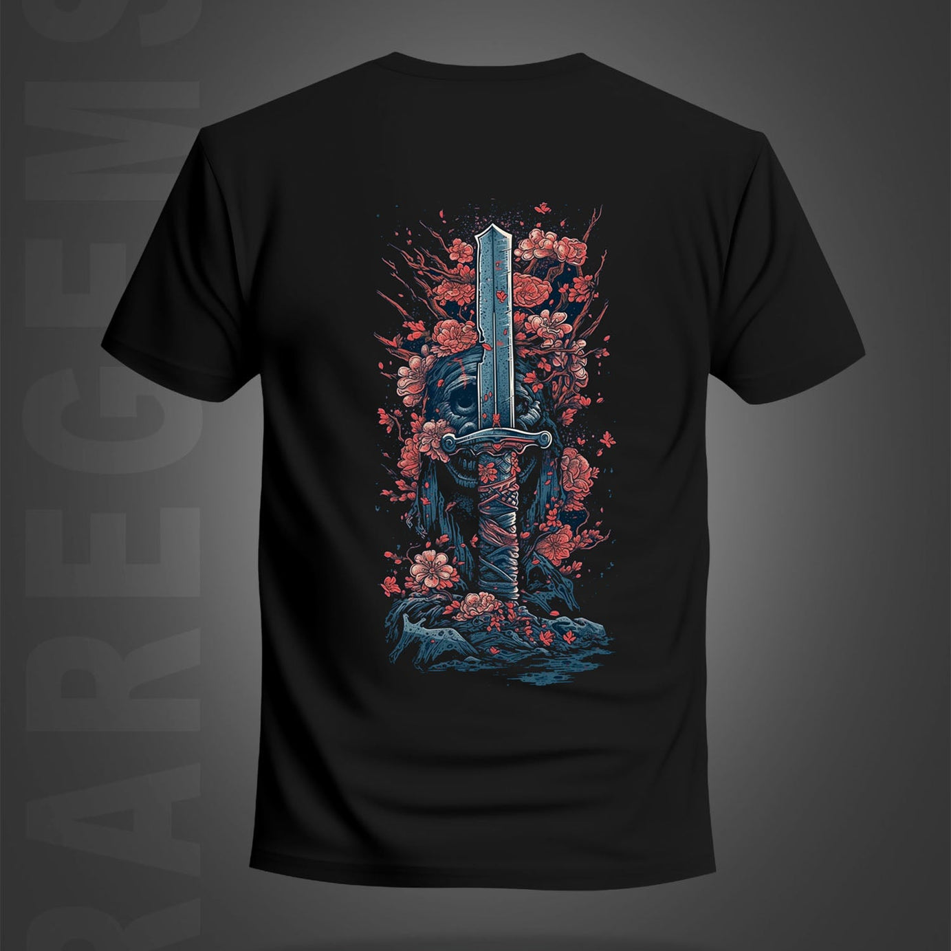 Black Half Sleeve Round Neck Sword With Pink Flowers Printed Regular T-Shirt