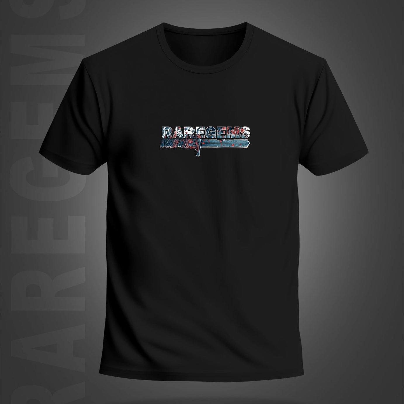 Black Half Sleeve Round Neck Sword With Pink Flowers Printed Regular T-Shirt