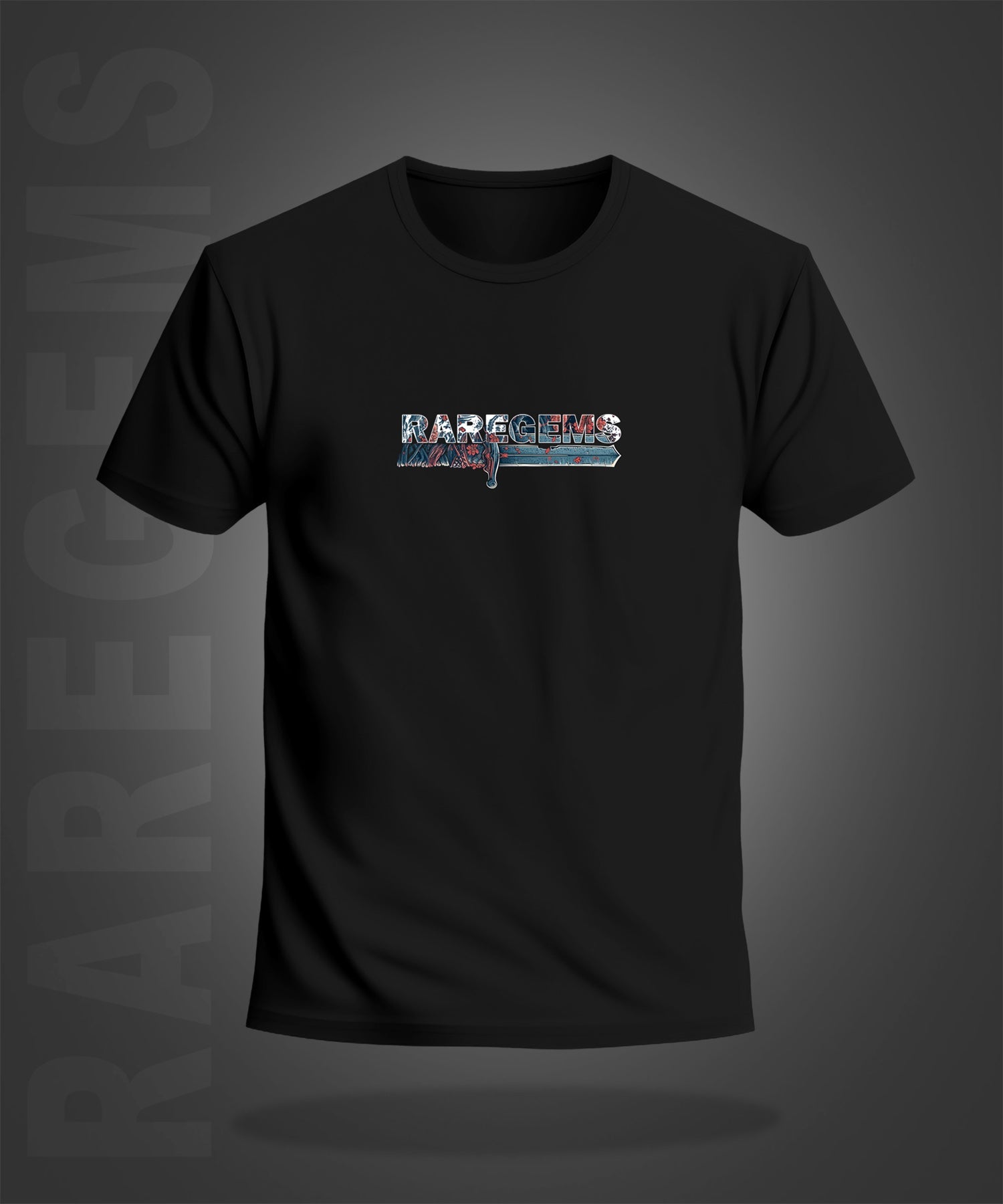 Black Half Sleeve Round Neck Sword With Pink Flowers Printed Regular T-Shirt