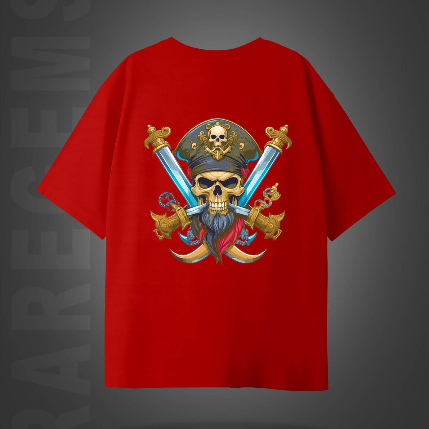 Red Half Sleeves Skull With Two Swords Printed Oversized T-Shirt