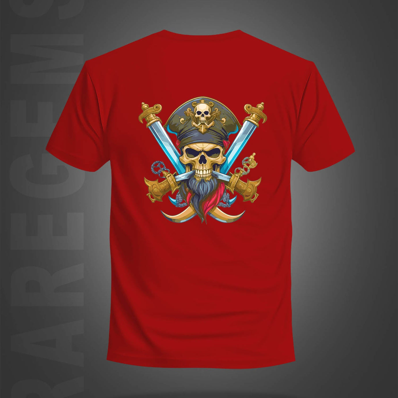 Red Half Sleeve Round Neck Pirate Skull With Two Swords Printed Regular T-Shirt