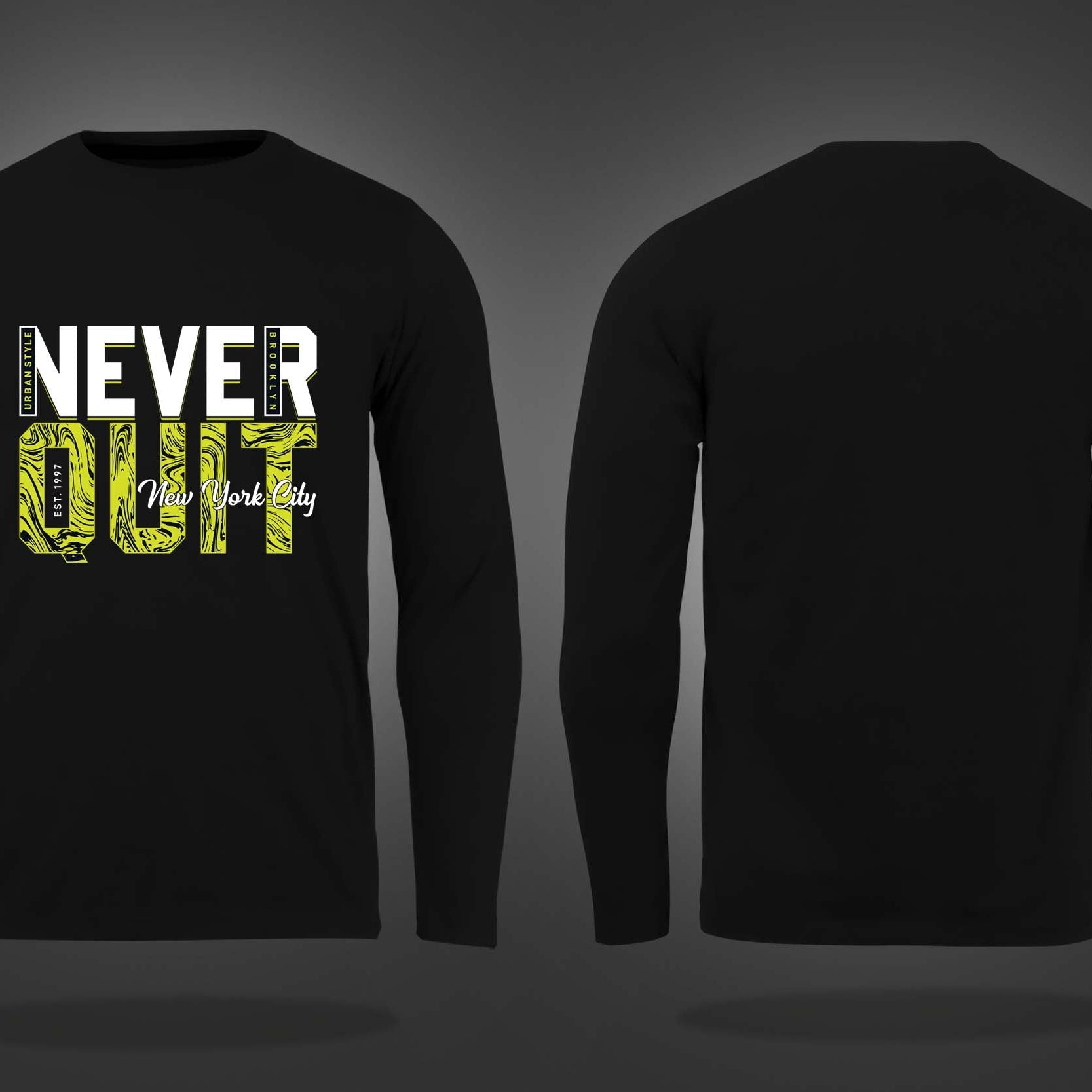 Black Round Neck Never Quit Brooklyn Printed Full Sleeves T-Shirt