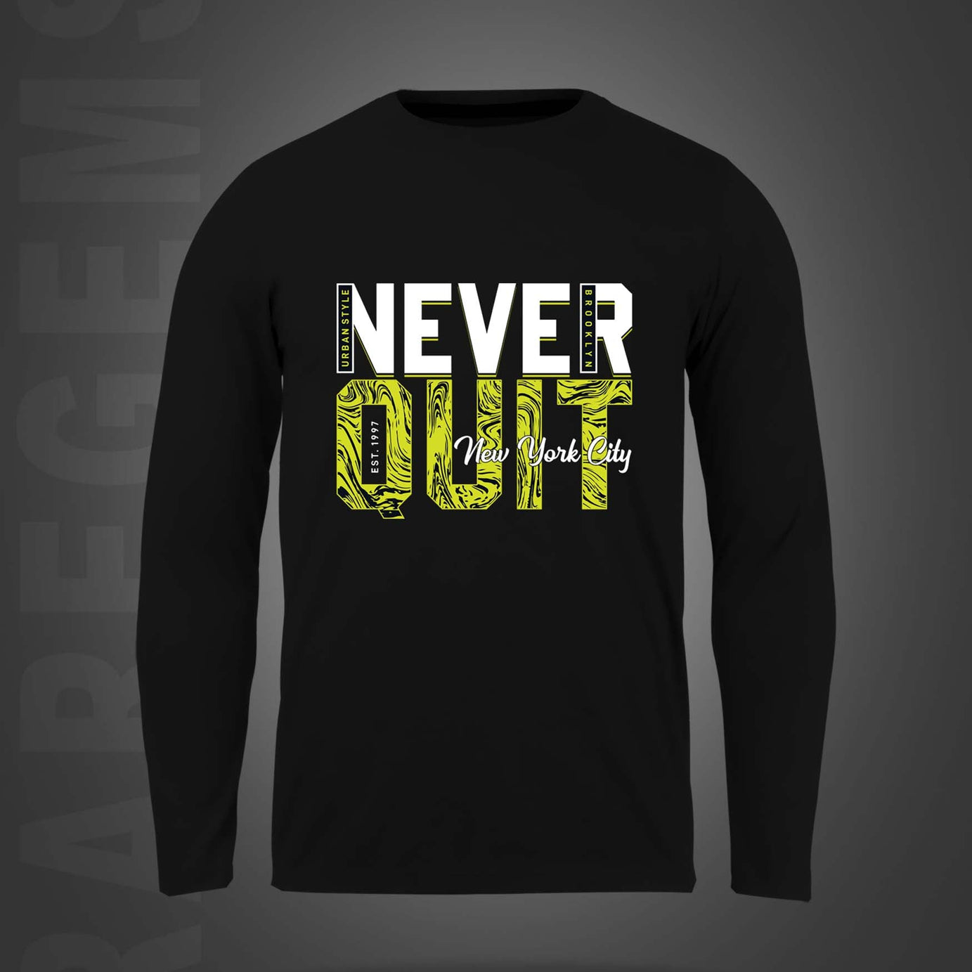 Black Round Neck Never Quit Brooklyn Printed Full Sleeves T-Shirt