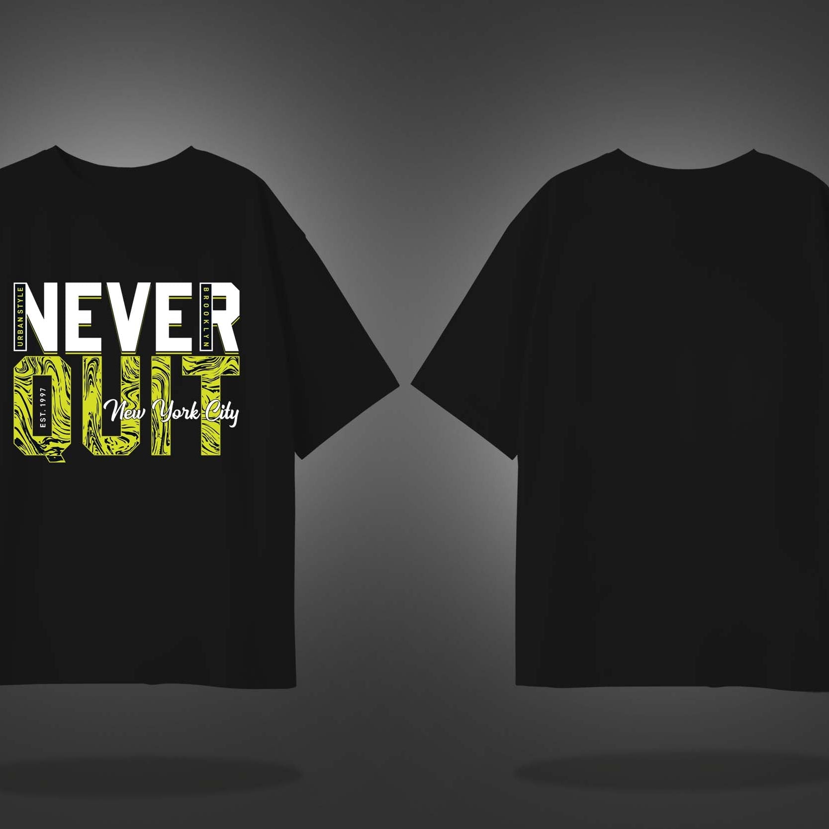 Black Half Sleeves Round Neck Never Quit Brooklyn Printed Oversized T-Shirt