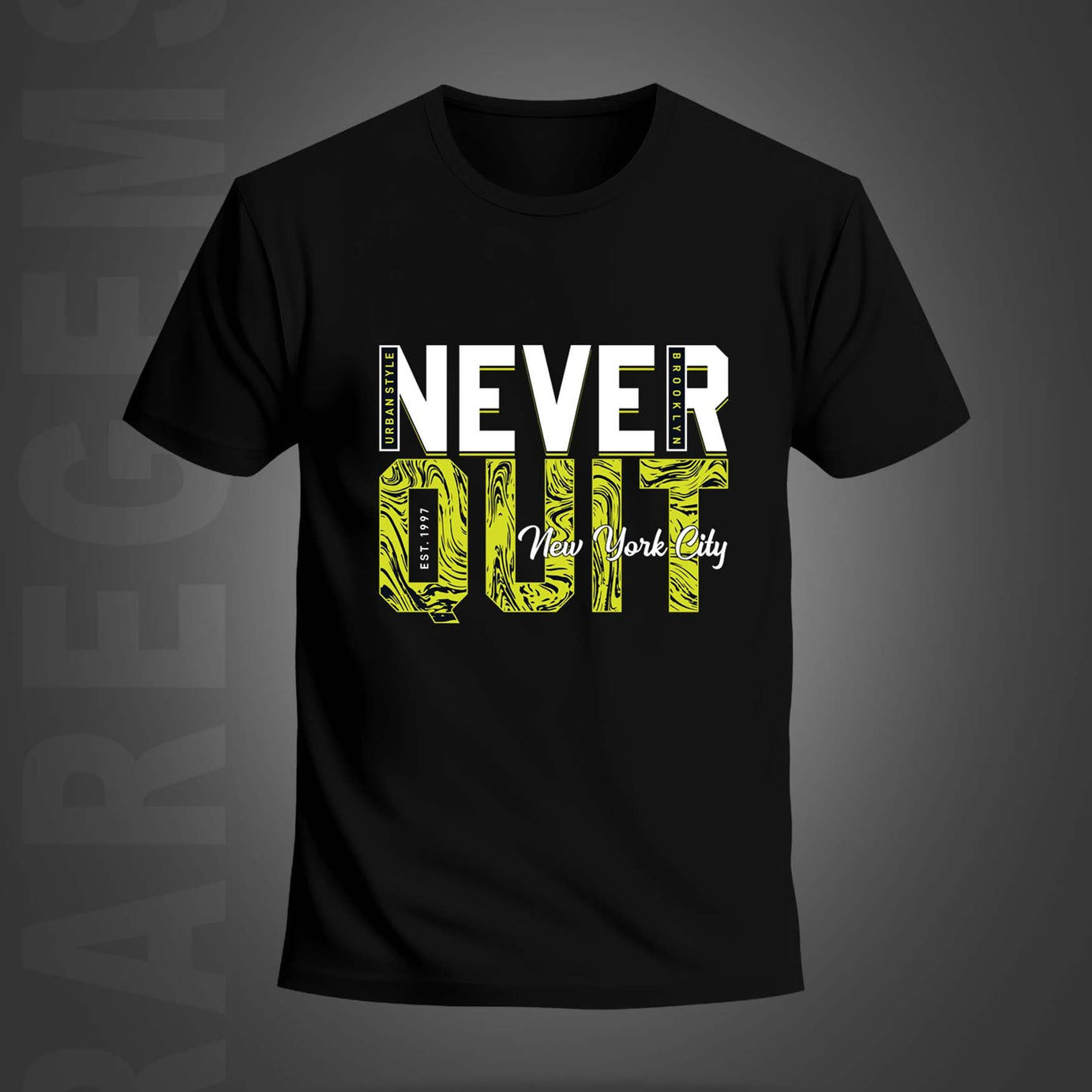 Black Half Sleeves Round Neck Never Quit Brooklyn Printed Regular T-Shirt