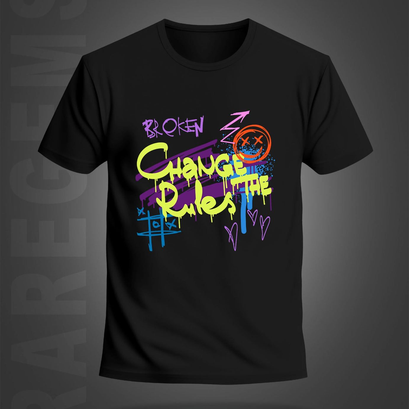 Black Round Neck Half Sleeve Change The Rules Graffiti Printed Regular T-Shirt