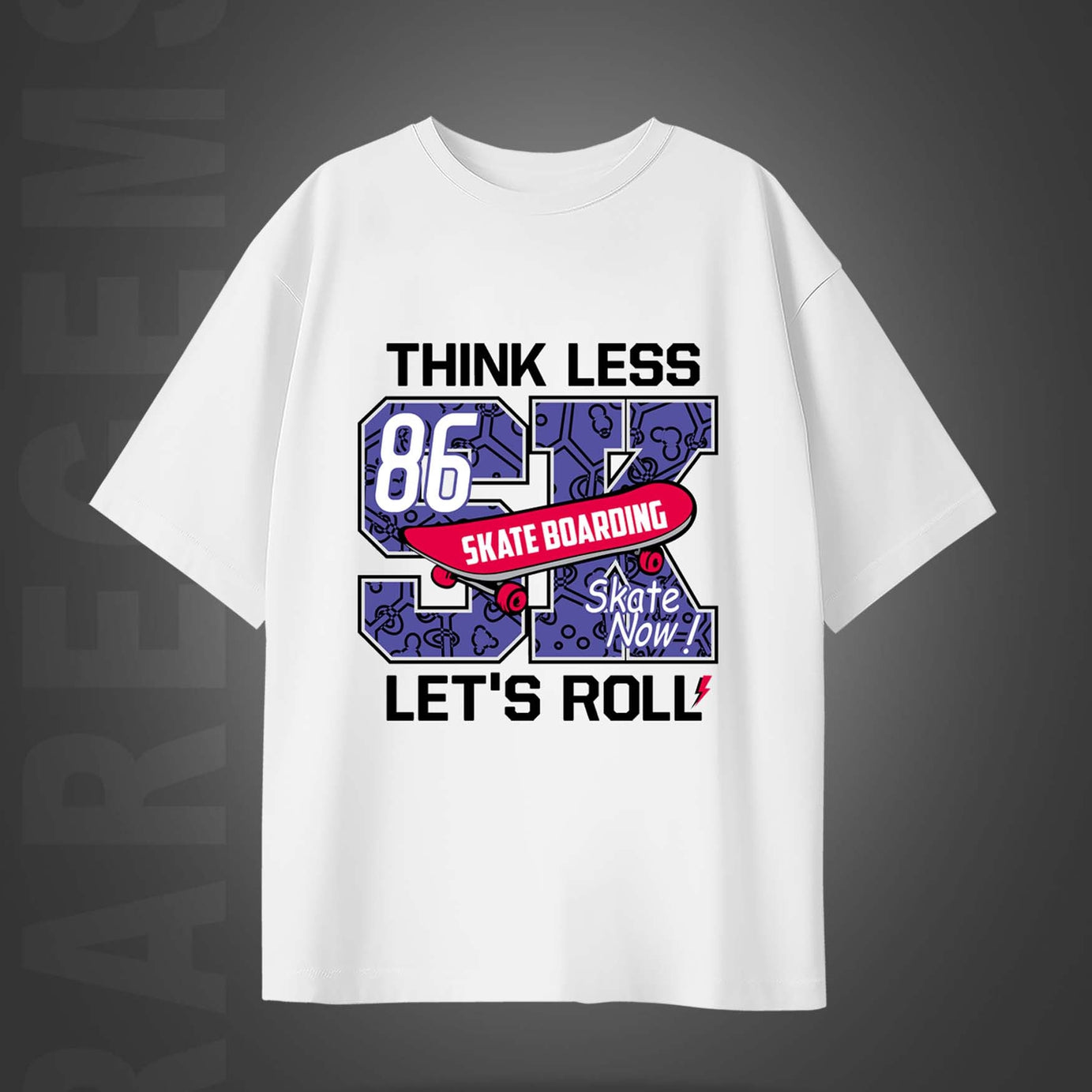 White Half Sleeves Round Neck Skate Boarding Printed Oversized T-Shirt