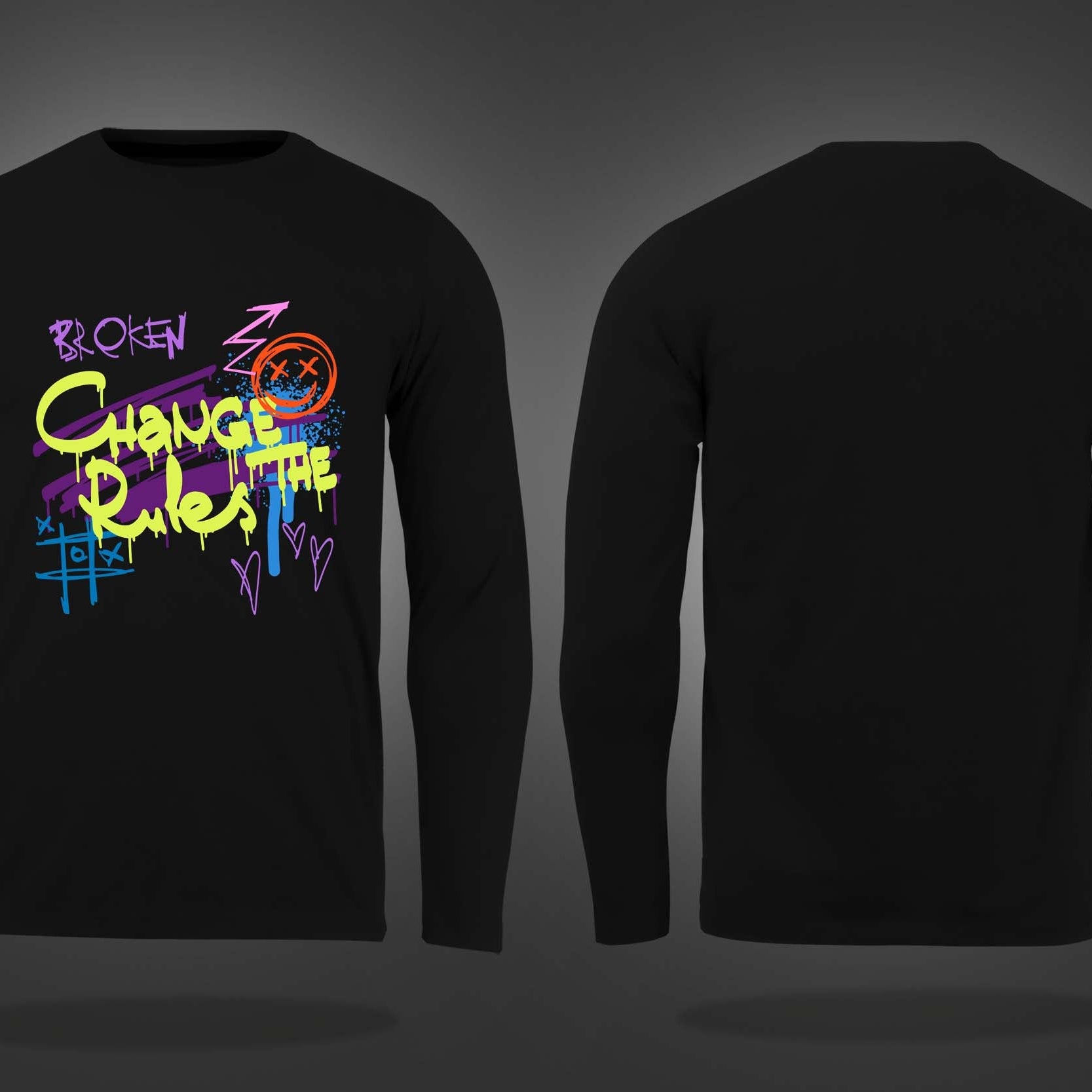 Black Round Neck Change The Rules Graffiti Printed Full Sleeves T-Shirt