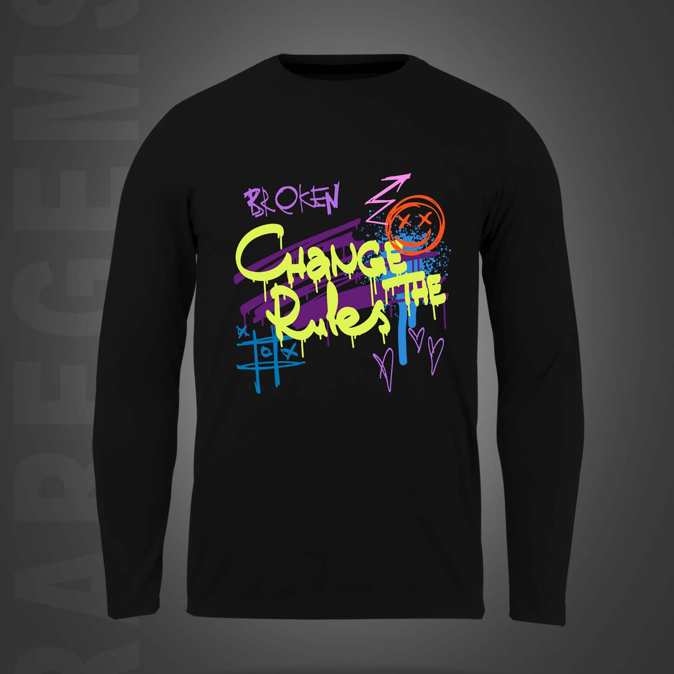 Black Round Neck Change The Rules Graffiti Printed Full Sleeves T-Shirt